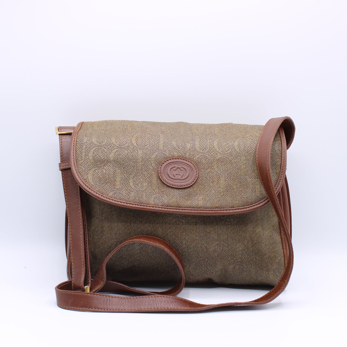 Gucci Brown Monogram Flap Over Crossbody Bag Vintage