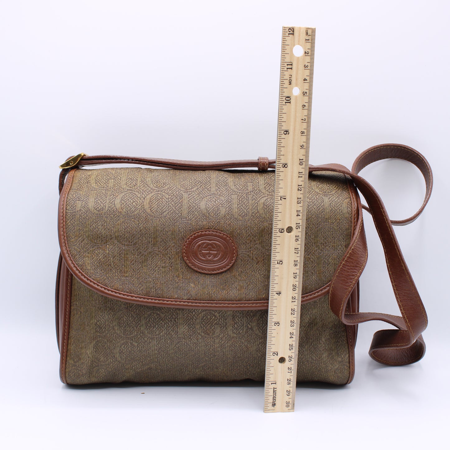 Gucci Brown Monogram Flap Over Crossbody Bag Vintage