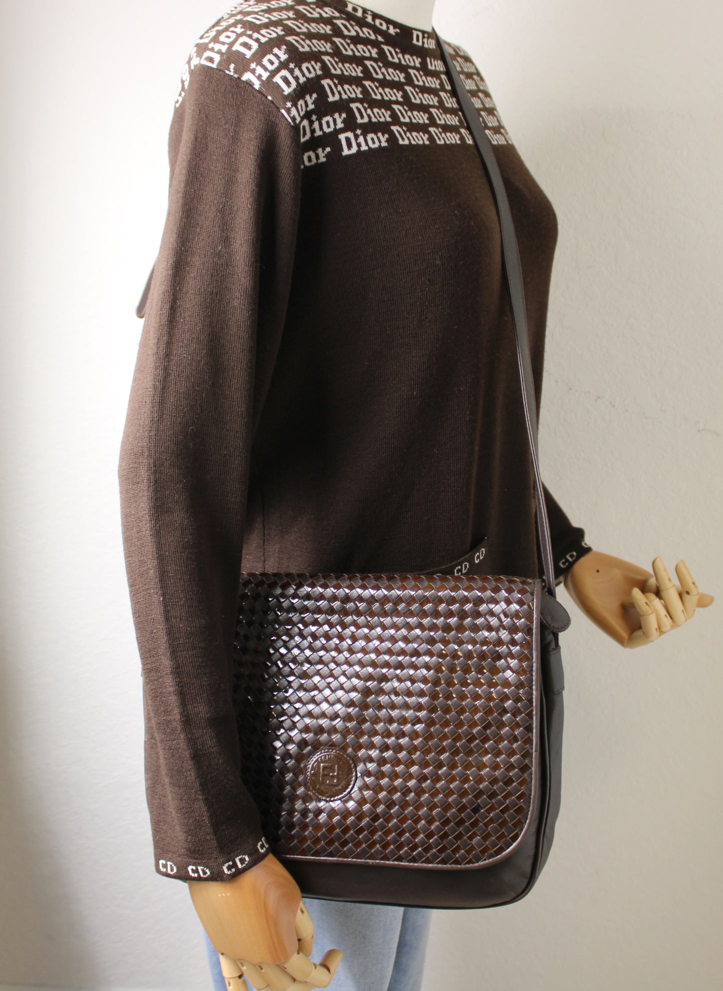Fendi Brown Woven Leather Flap Crossbody Bag Vintage