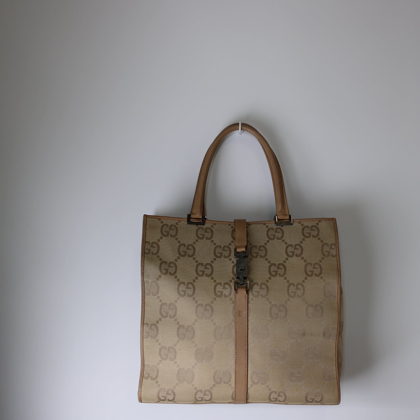 Gucci Jackie 1961 Beige Leather Trim Tote Bag Vintage