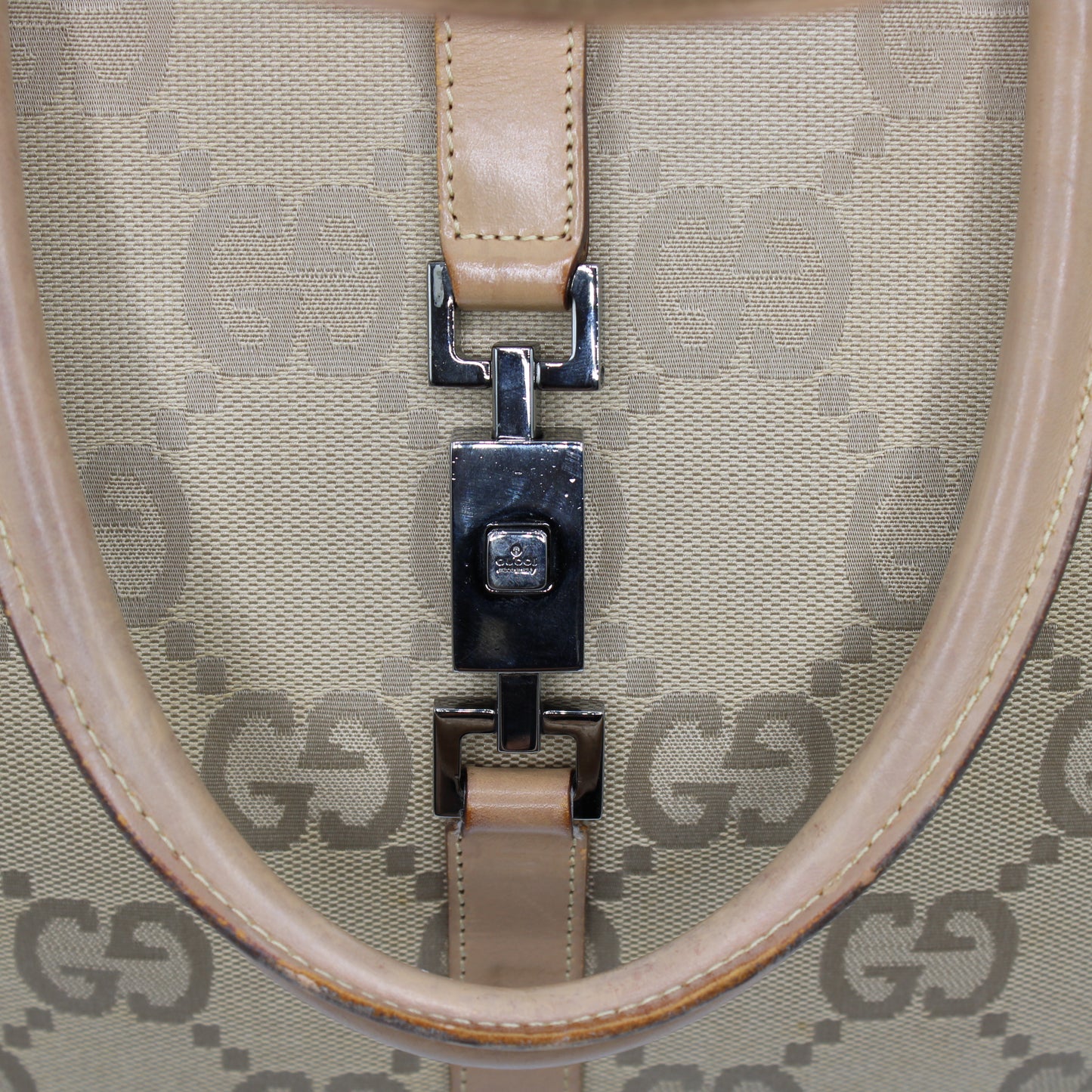 Gucci Jackie 1961 Beige Leather Trim Tote Bag Vintage