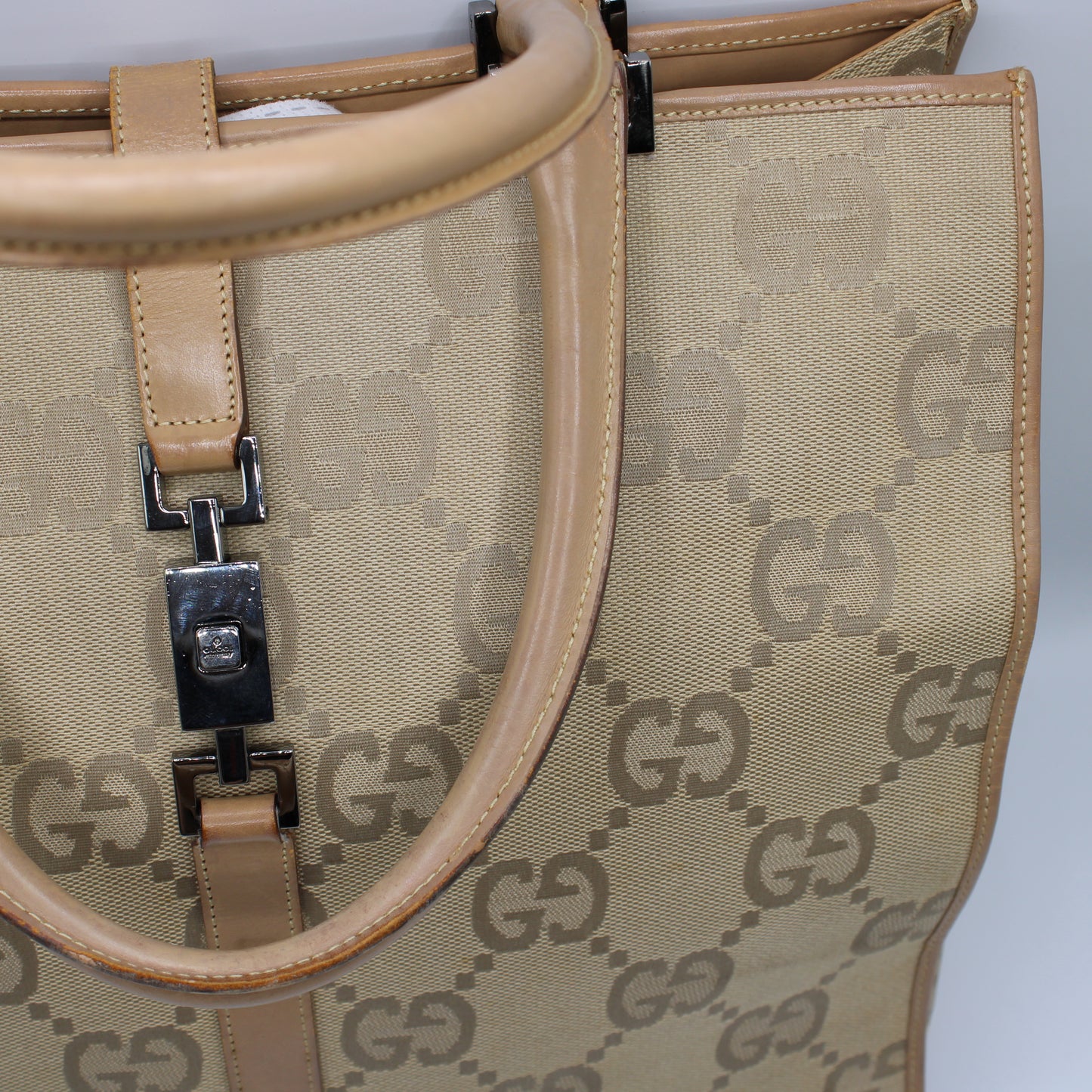 Gucci Jackie 1961 Beige Leather Trim Tote Bag Vintage