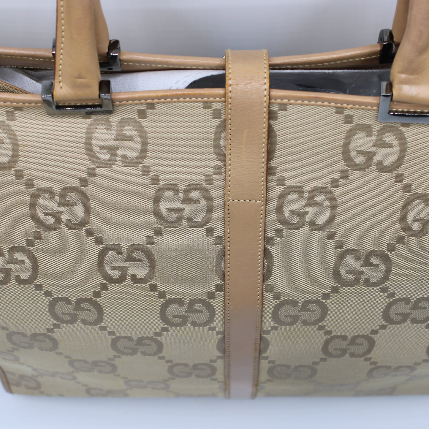 Gucci Jackie 1961 Beige Leather Trim Tote Bag Vintage