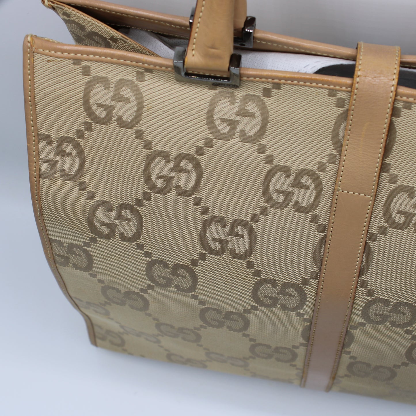 Gucci Jackie 1961 Beige Leather Trim Tote Bag Vintage