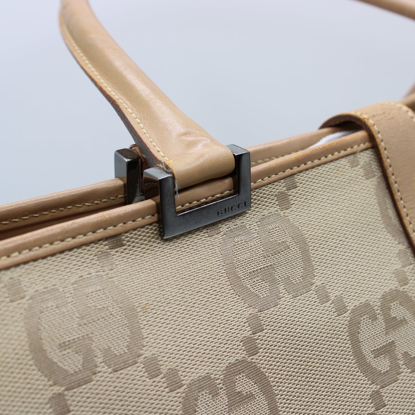 Gucci Jackie 1961 Beige Leather Trim Tote Bag Vintage