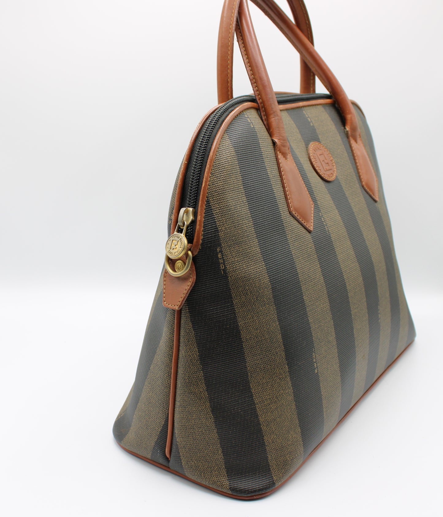 Fendi Pequin Canvas Leather Large Dome Handle Tote Bag Vintage