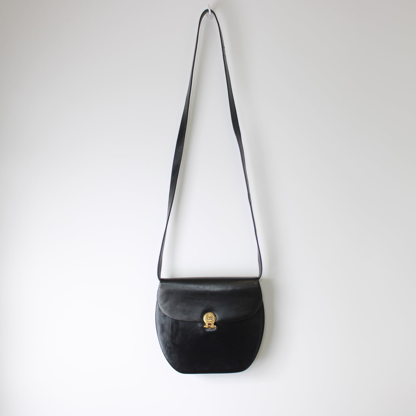 Christian Dior Black Leather Gold Logo Crossbody Bag Vintage