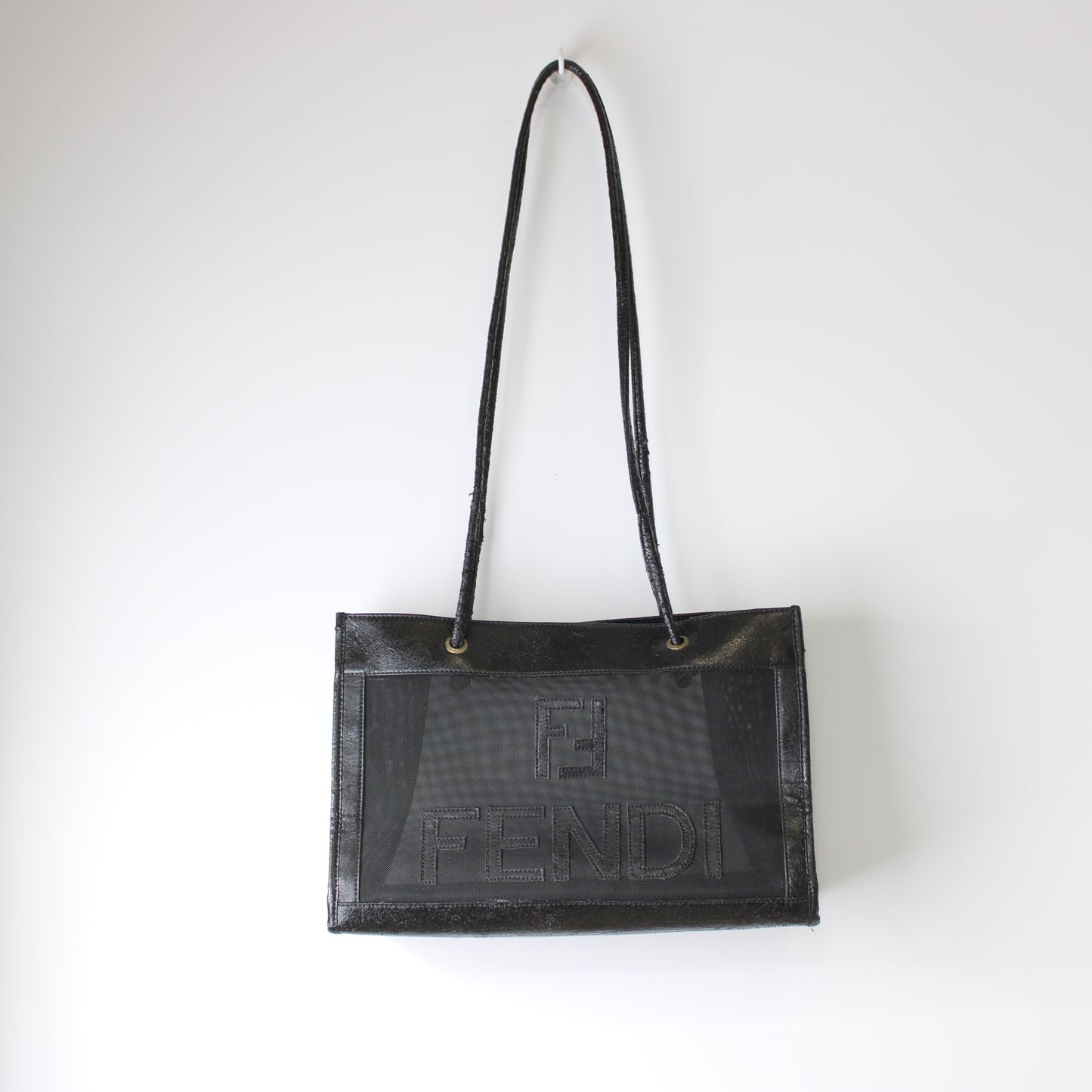 Fendi Black Mesh Tote Bag Leather Trim Open Top