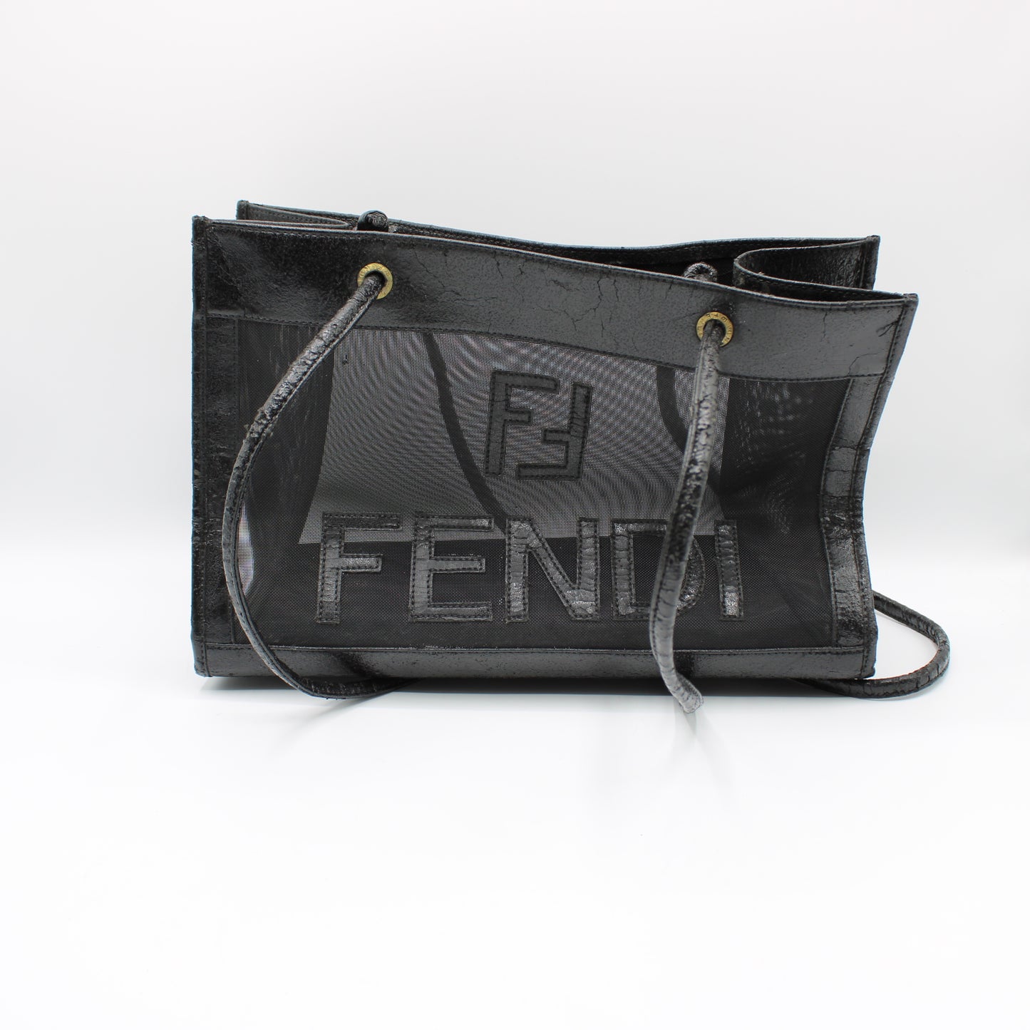 Fendi Black Mesh Tote Bag Leather Trim Open Top