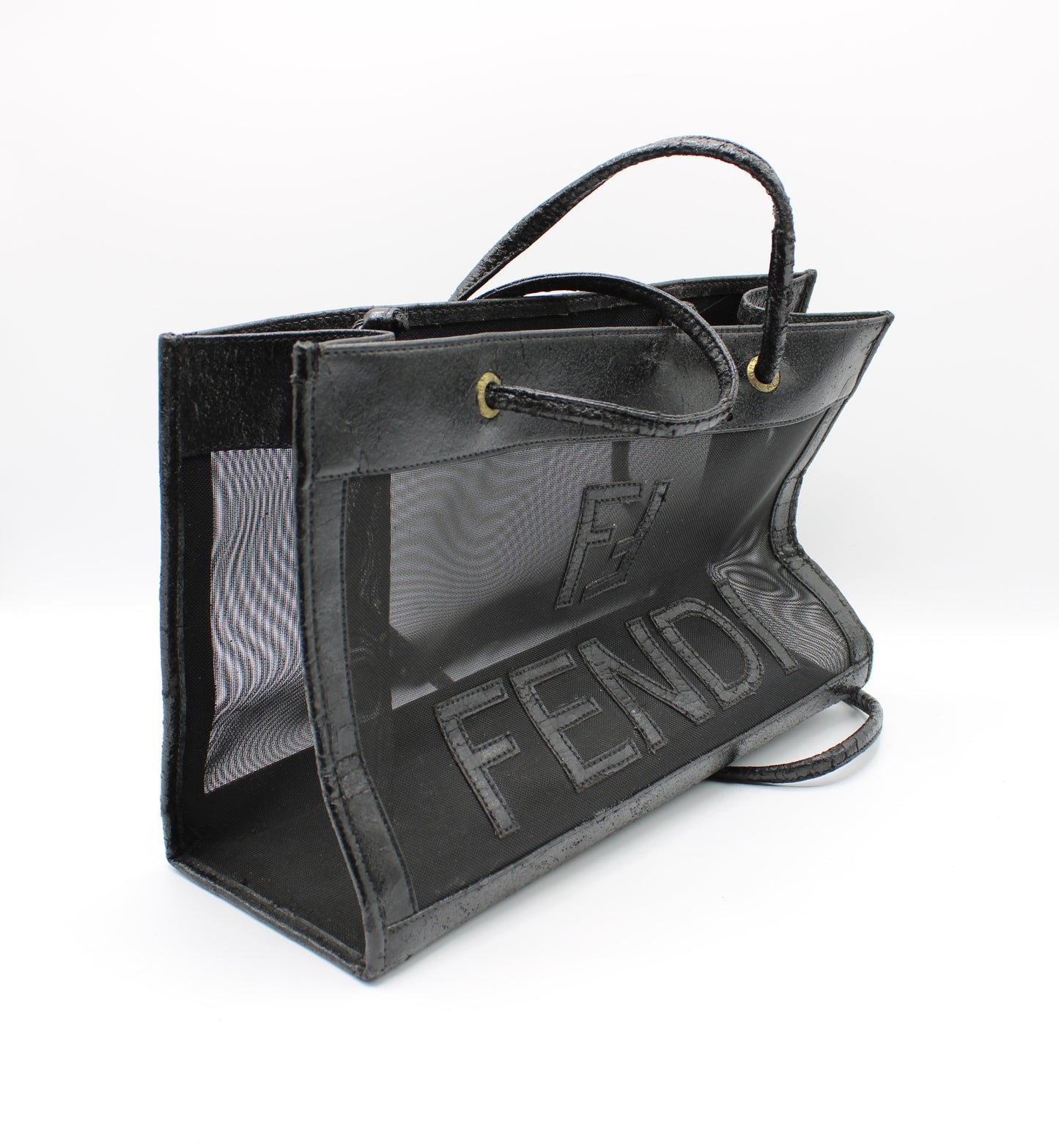 Fendi Black Mesh Tote Bag Leather Trim Open Top