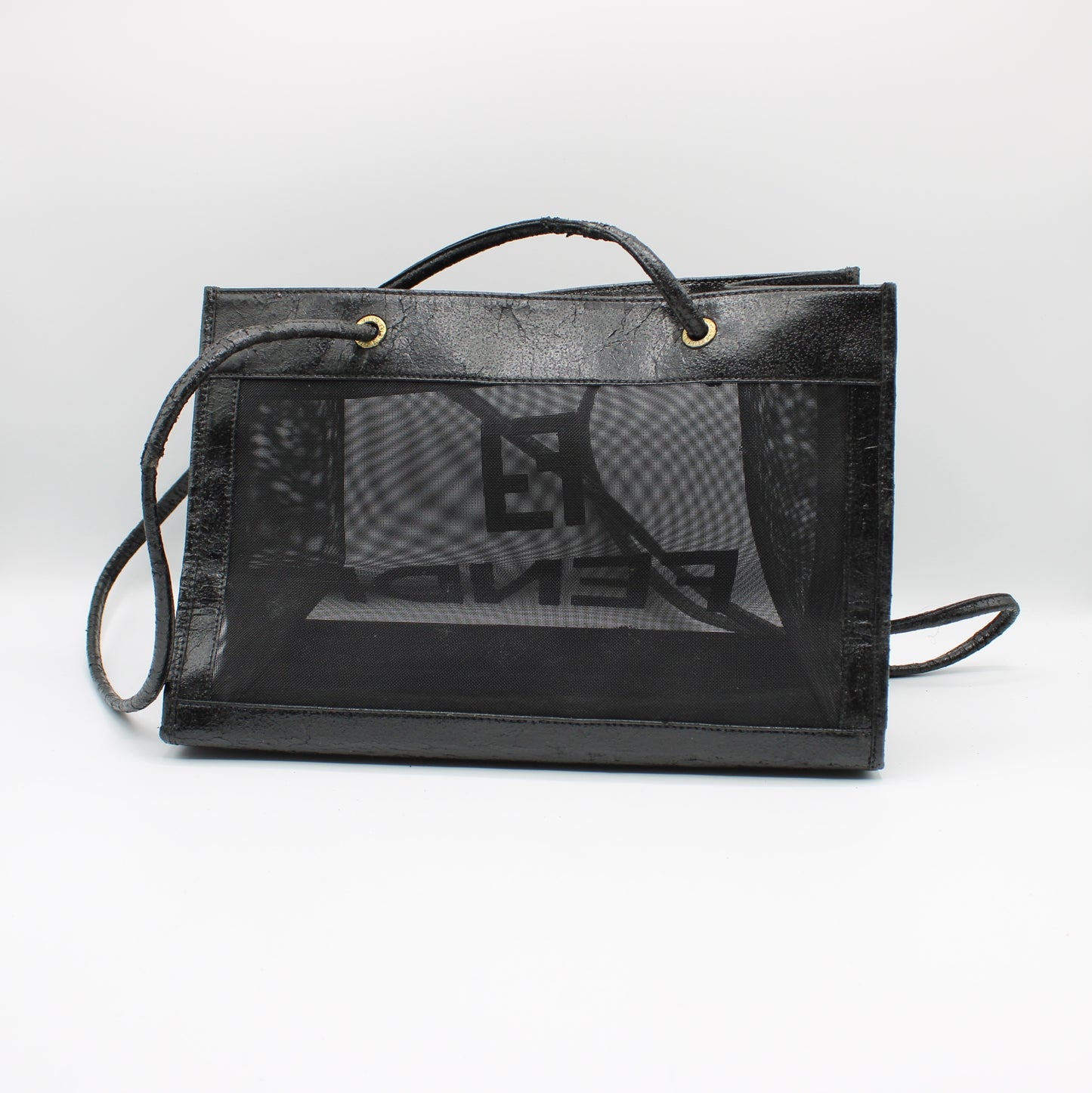 Fendi Black Mesh Tote Bag Leather Trim Open Top