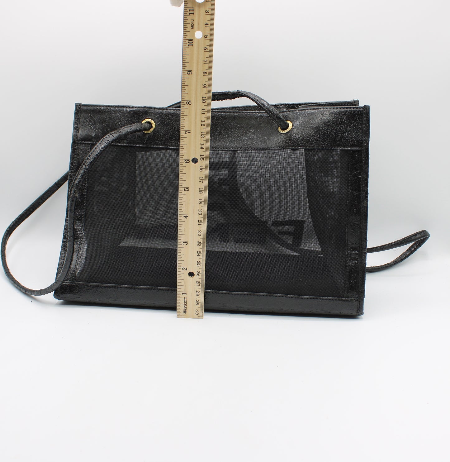 Fendi Black Mesh Tote Bag Leather Trim Open Top