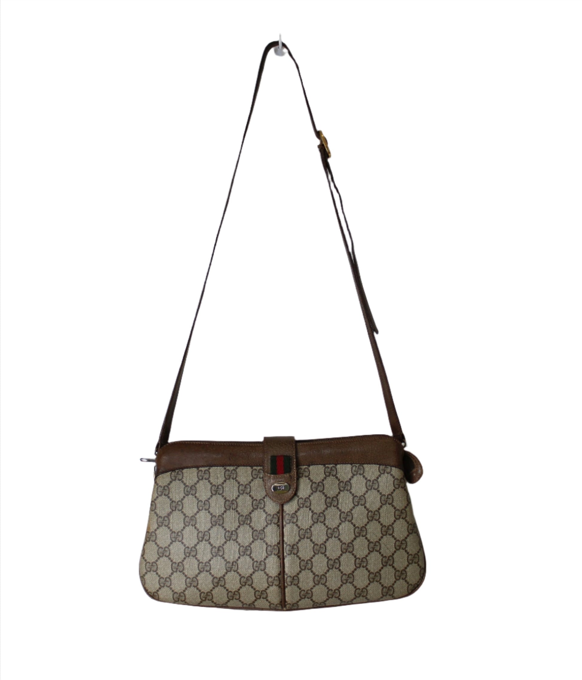 Gucci Brown Ophidia GG Supreme Monogram Leather Trim Crossbody Bag full view