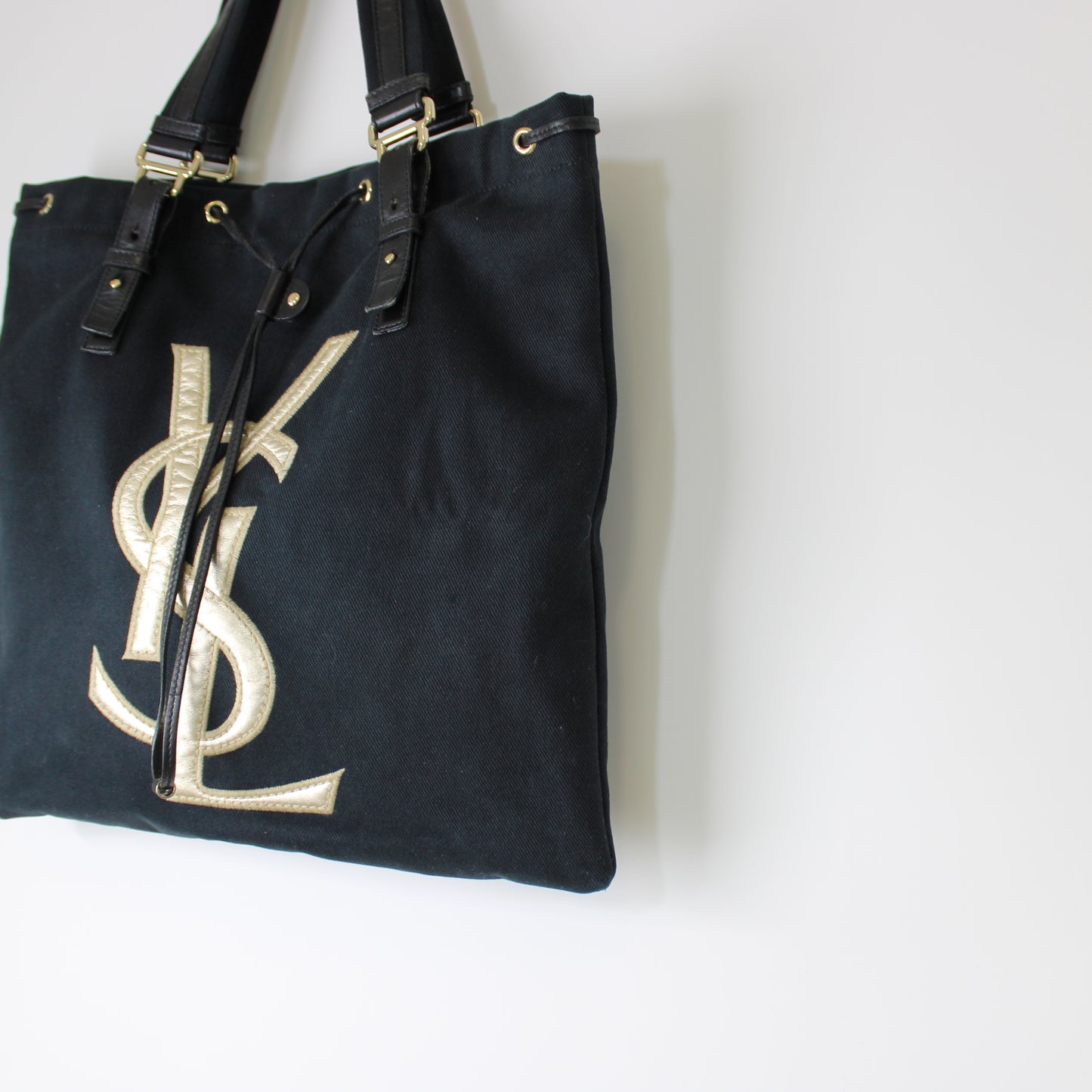 Yves Saint Laurent Black Canvas Leather Tote Bag Oversized Logo