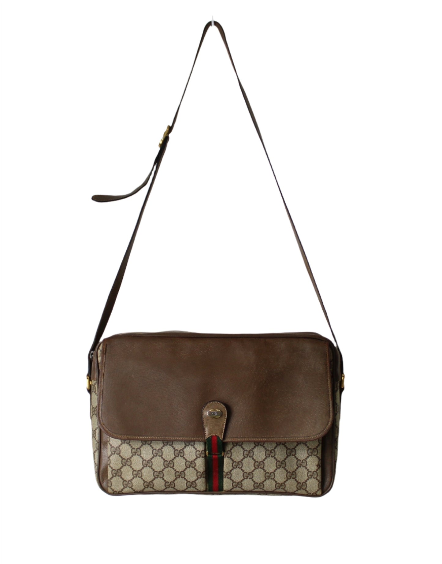 ### Gucci Brown GG Supreme Canvas and Leather Flap Over Crossbody Bag full view