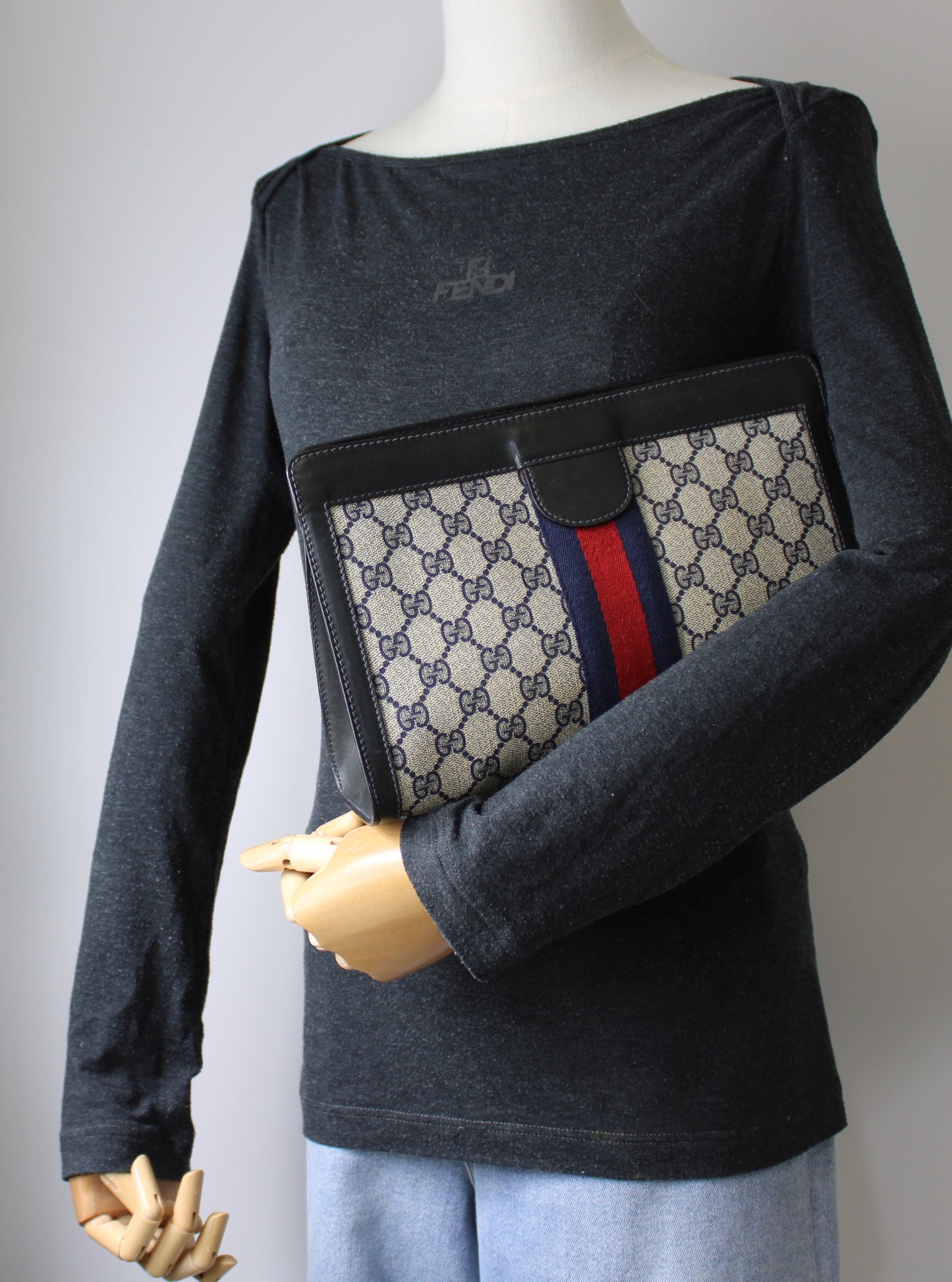 Gucci Beige Navy Supreme GG Canvas Leather Trim Clutch Bag