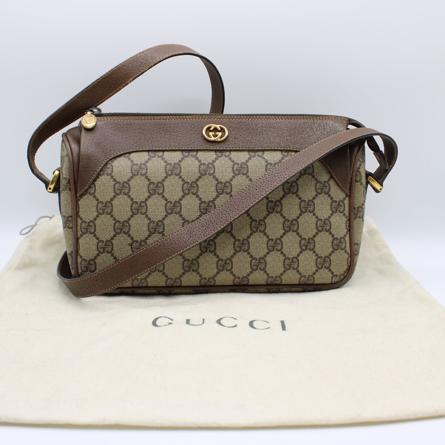 Gucci Petite Brown GG Supreme Monogram Crossbody Bag dust bag