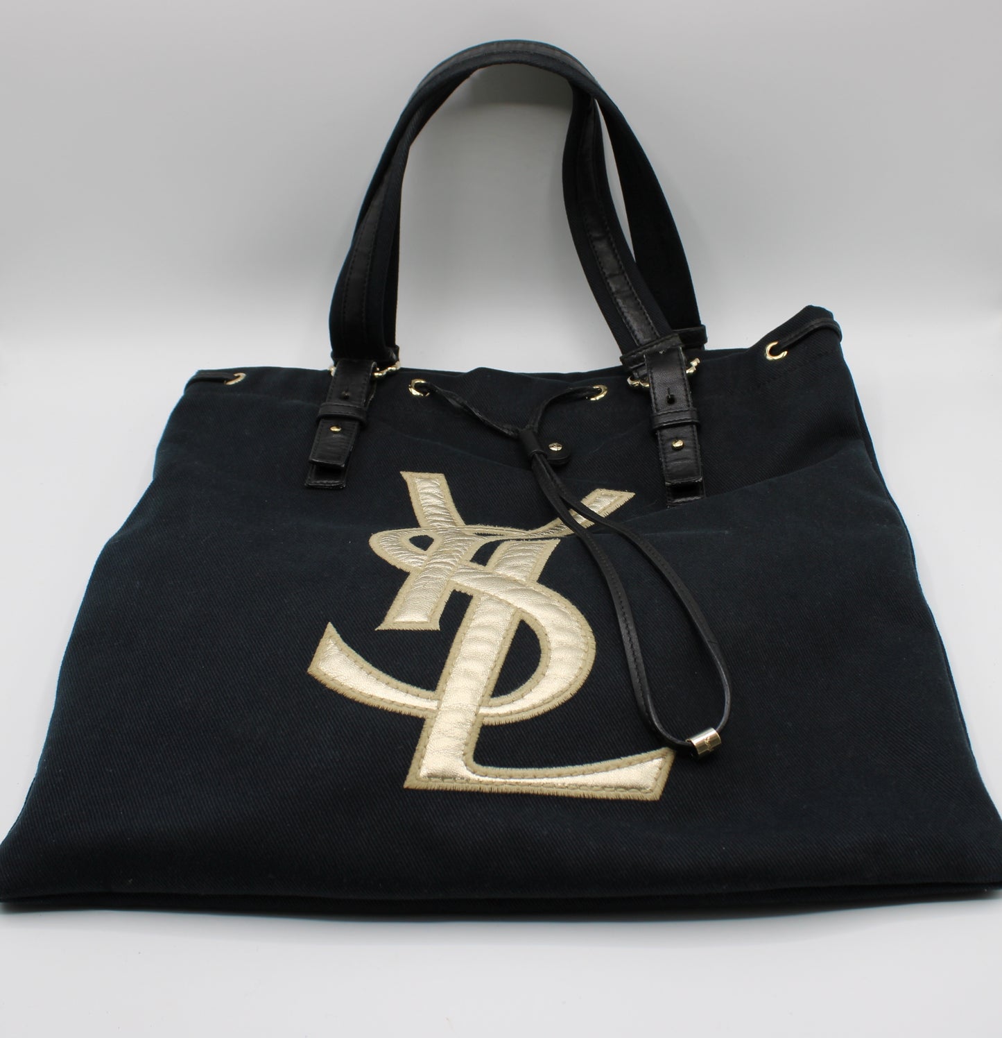 Yves Saint Laurent Black Canvas Leather Tote Bag Oversized Logo