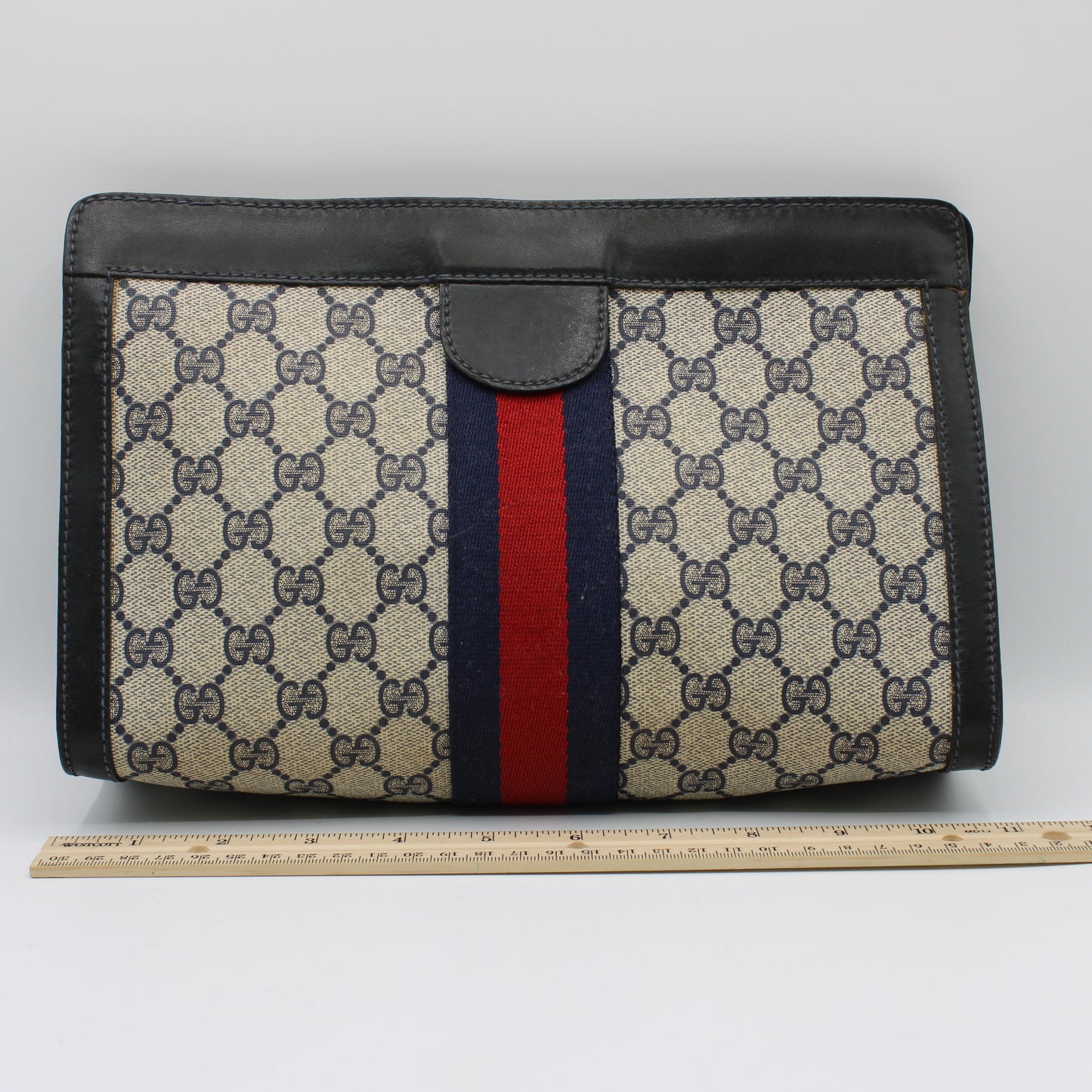 Gucci Beige Navy Supreme GG Canvas Leather Trim Clutch Bag