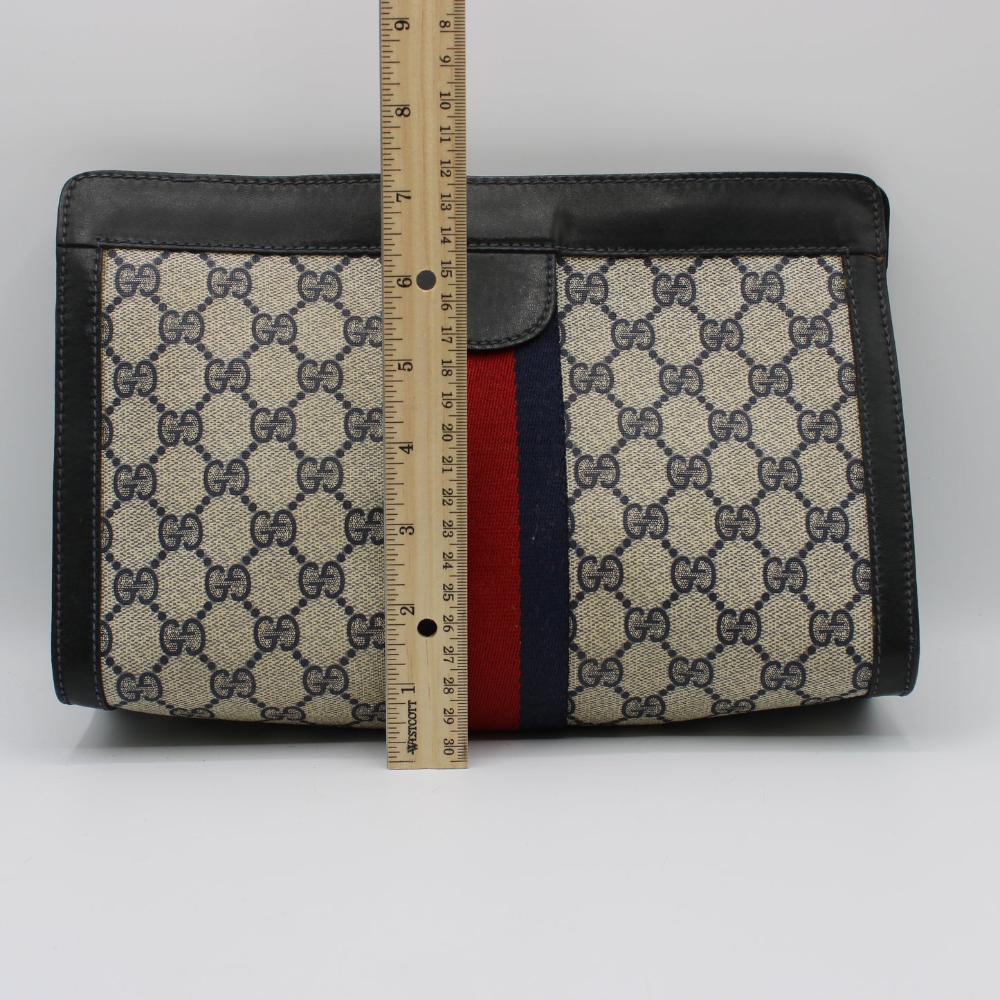 Gucci Beige Navy Supreme GG Canvas Leather Trim Clutch Bag