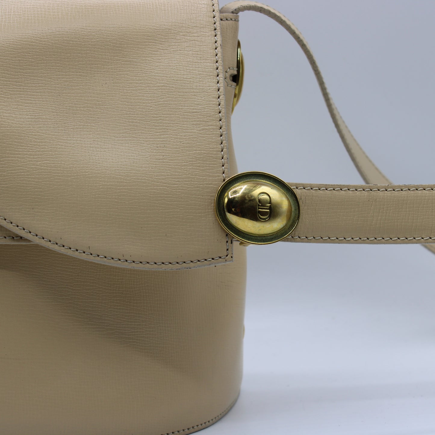 Christian Dior Beige Leather Oval CD Logo Flap Crossbody Bag