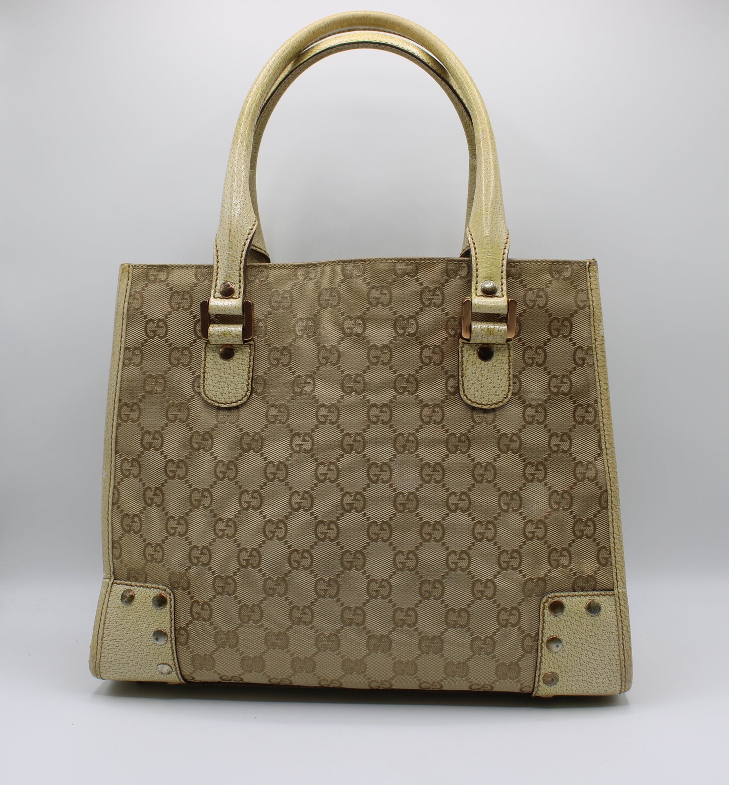 Gucci Beige Leather and Canvas Open Top Tote Bag