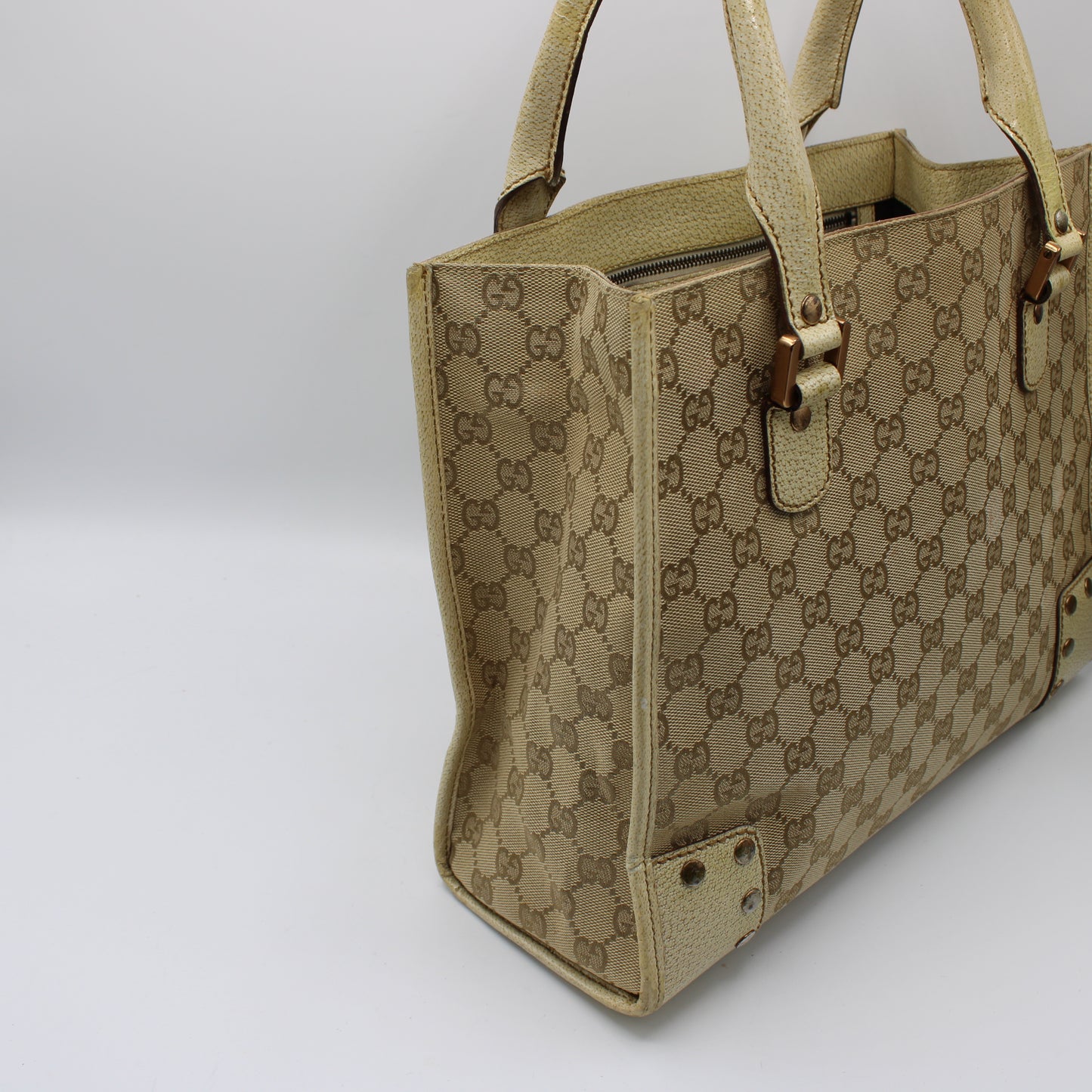 Gucci Beige Leather and Canvas Open Top Tote Bag