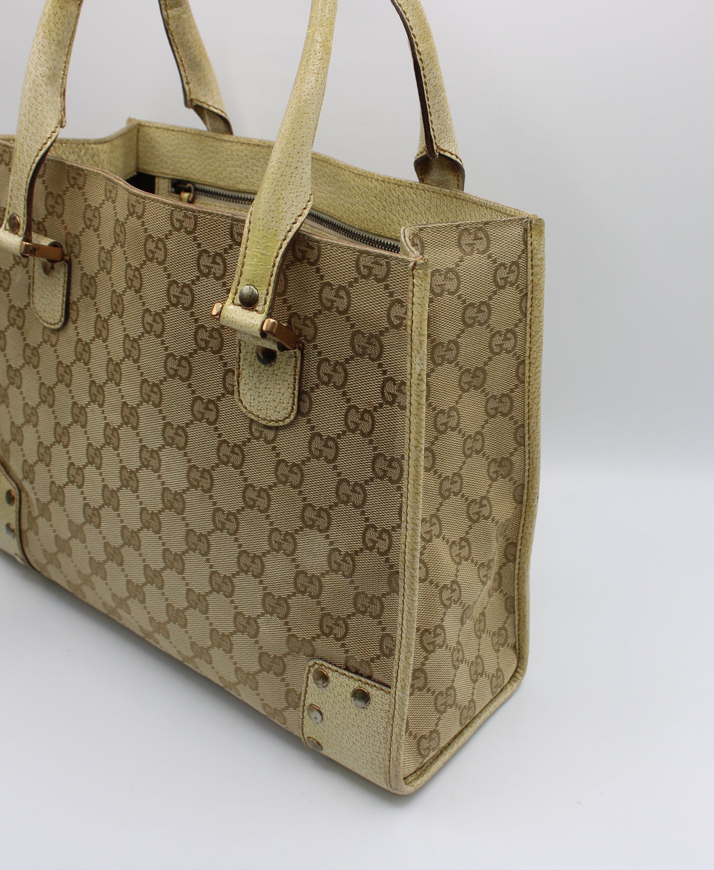 Gucci Beige Leather and Canvas Open Top Tote Bag