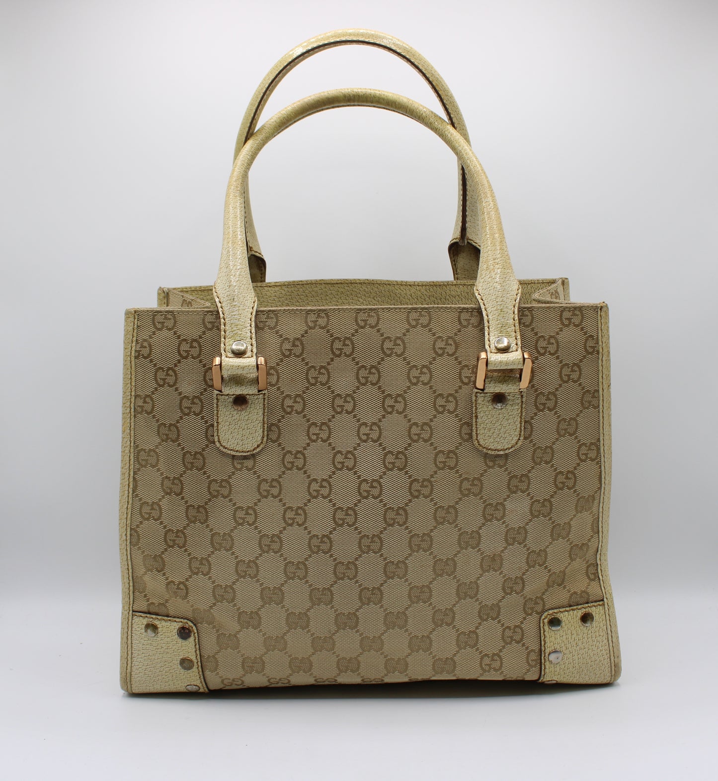 Gucci Beige Leather and Canvas Open Top Tote Bag