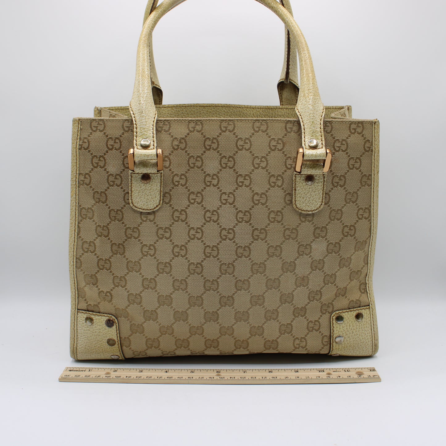 Gucci Beige Leather and Canvas Open Top Tote Bag