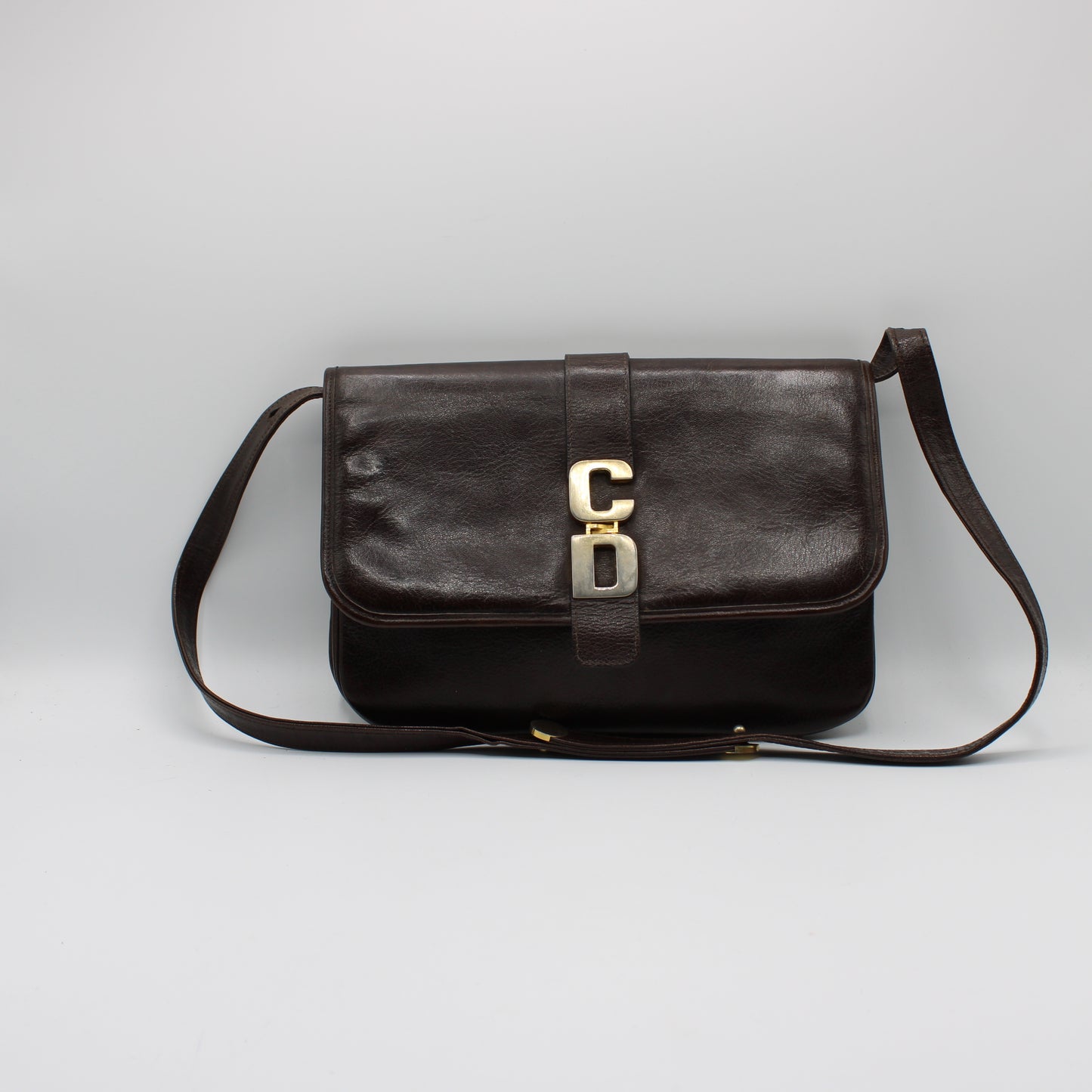 Christian Dior Brown Leather Crossbody Bag Gold Logo