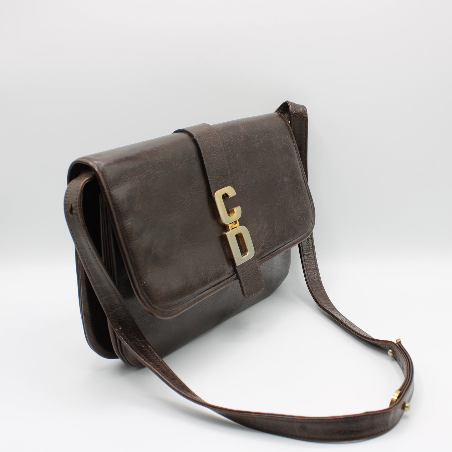 Christian Dior Brown Leather Crossbody Bag Gold Logo