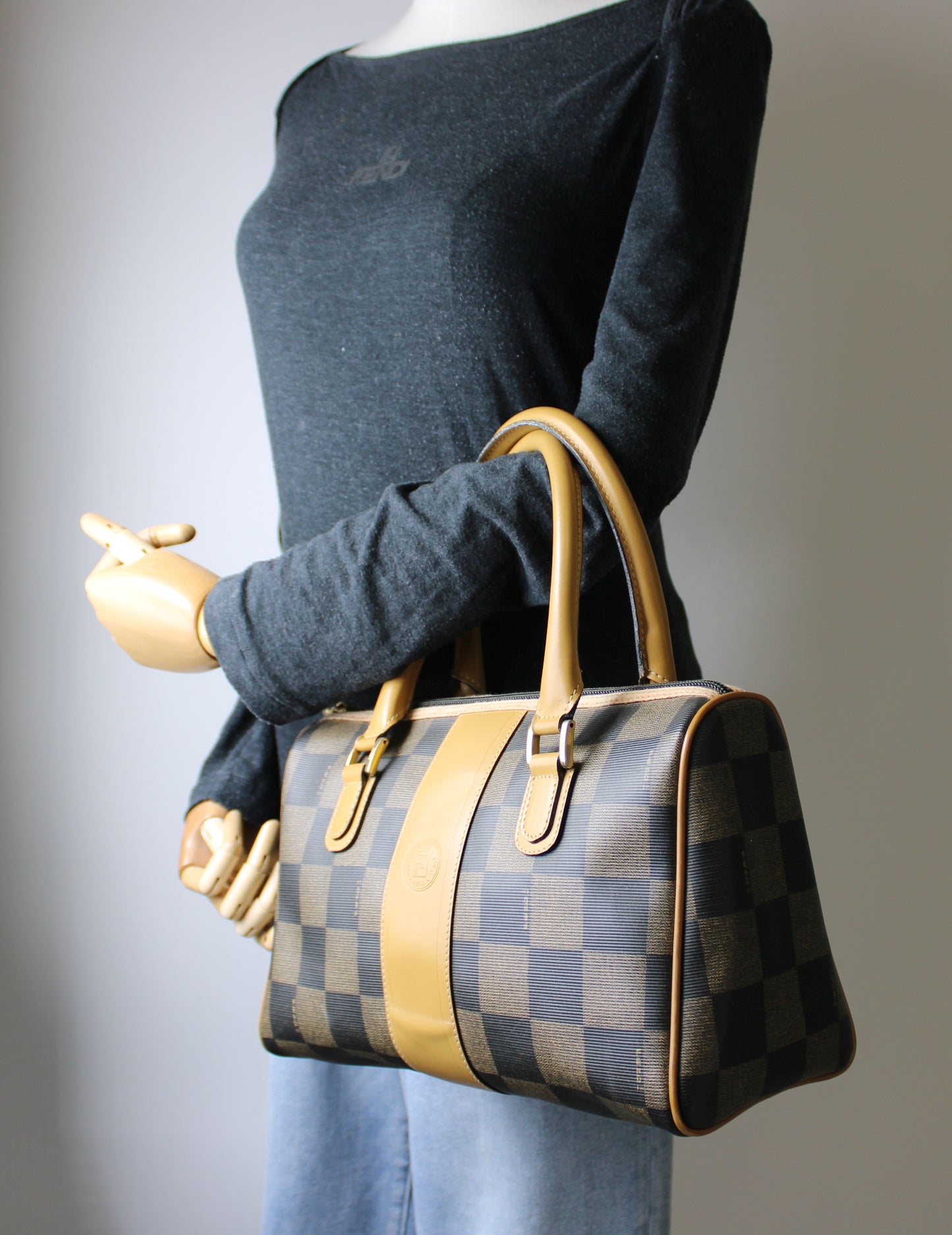 Fendi Brown Checkered Pequin Petite Boston Bag