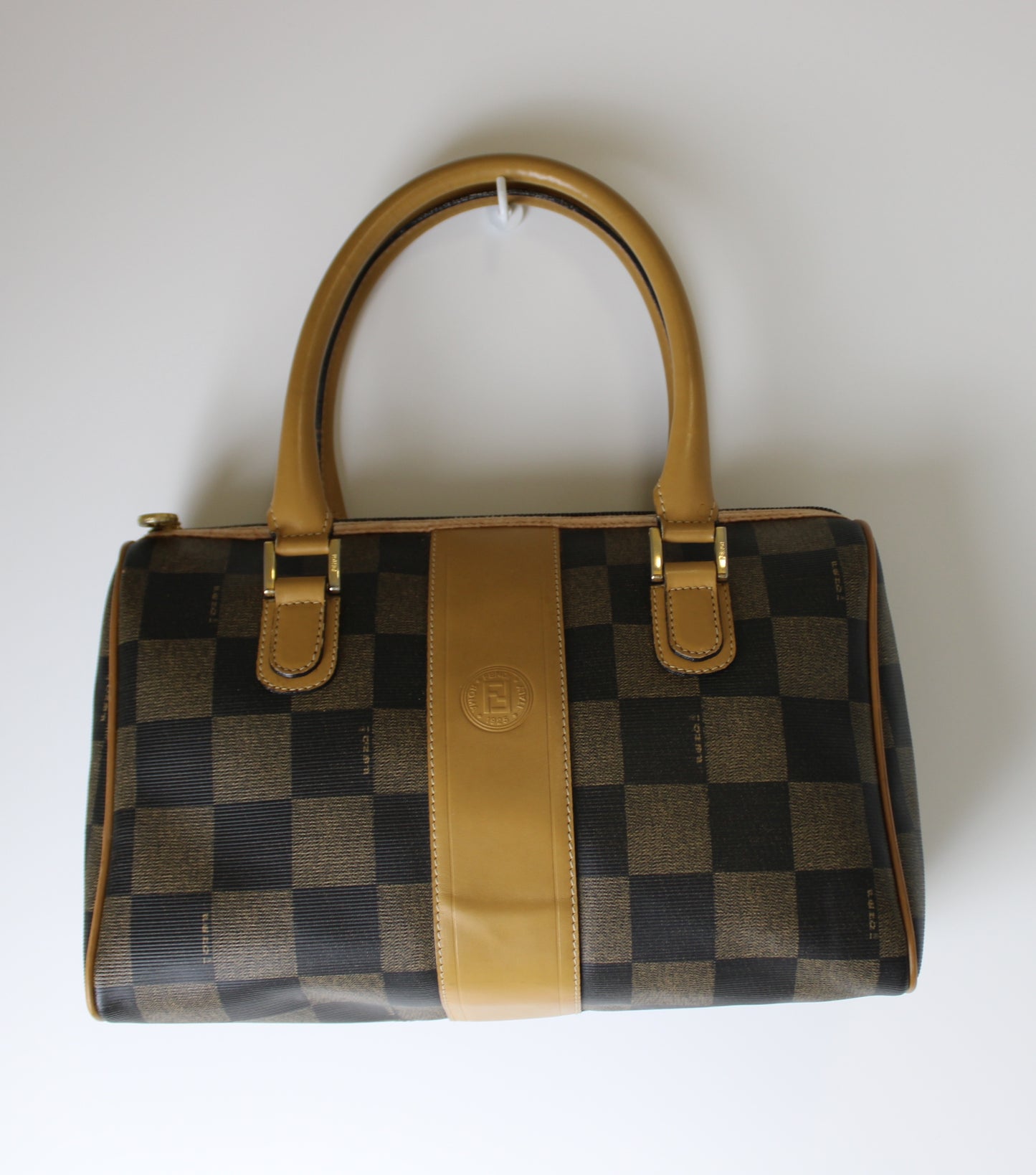 Fendi Brown Checkered Pequin Petite Boston Bag