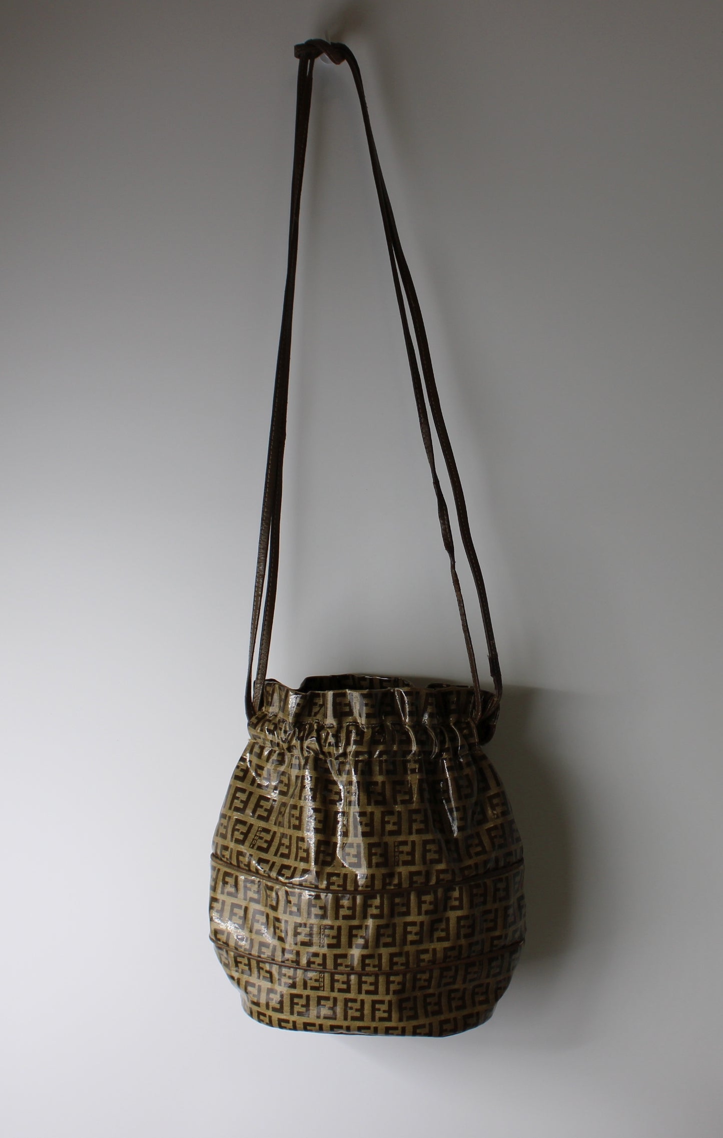 Fendi Brown Zucchino Monogram Leather Drawstring Bucket Bag