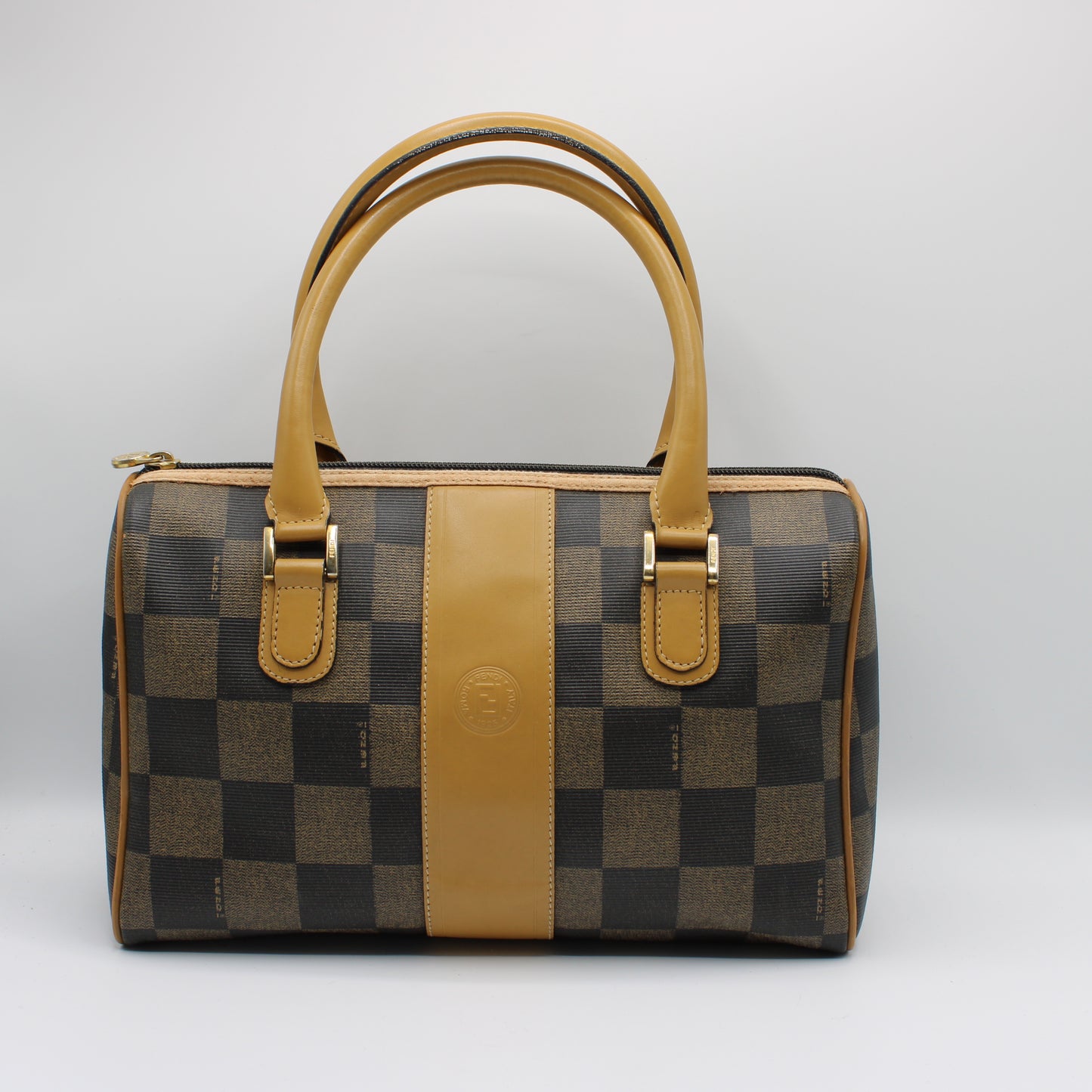 Fendi Brown Checkered Pequin Petite Boston Bag