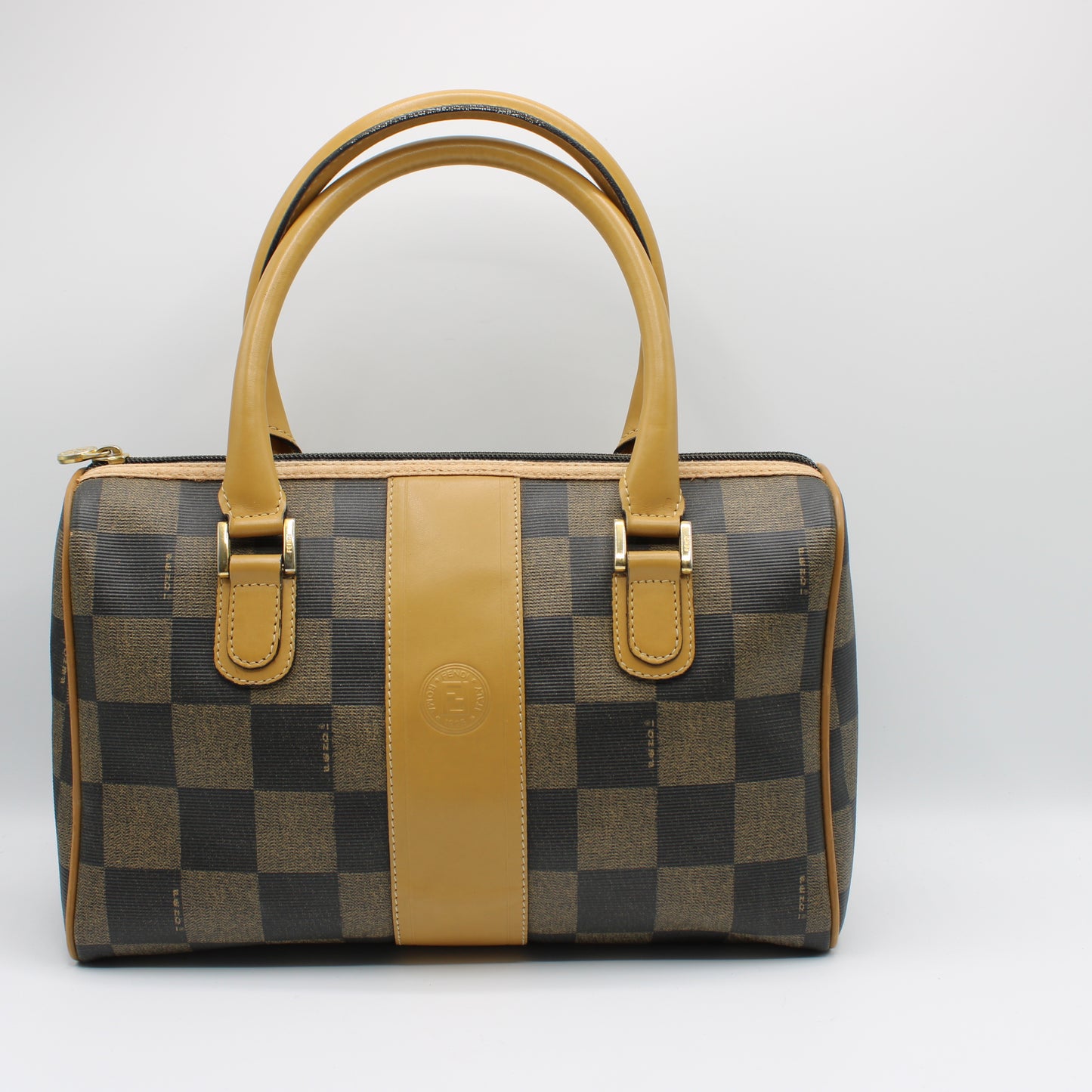 Fendi Brown Checkered Pequin Petite Boston Bag