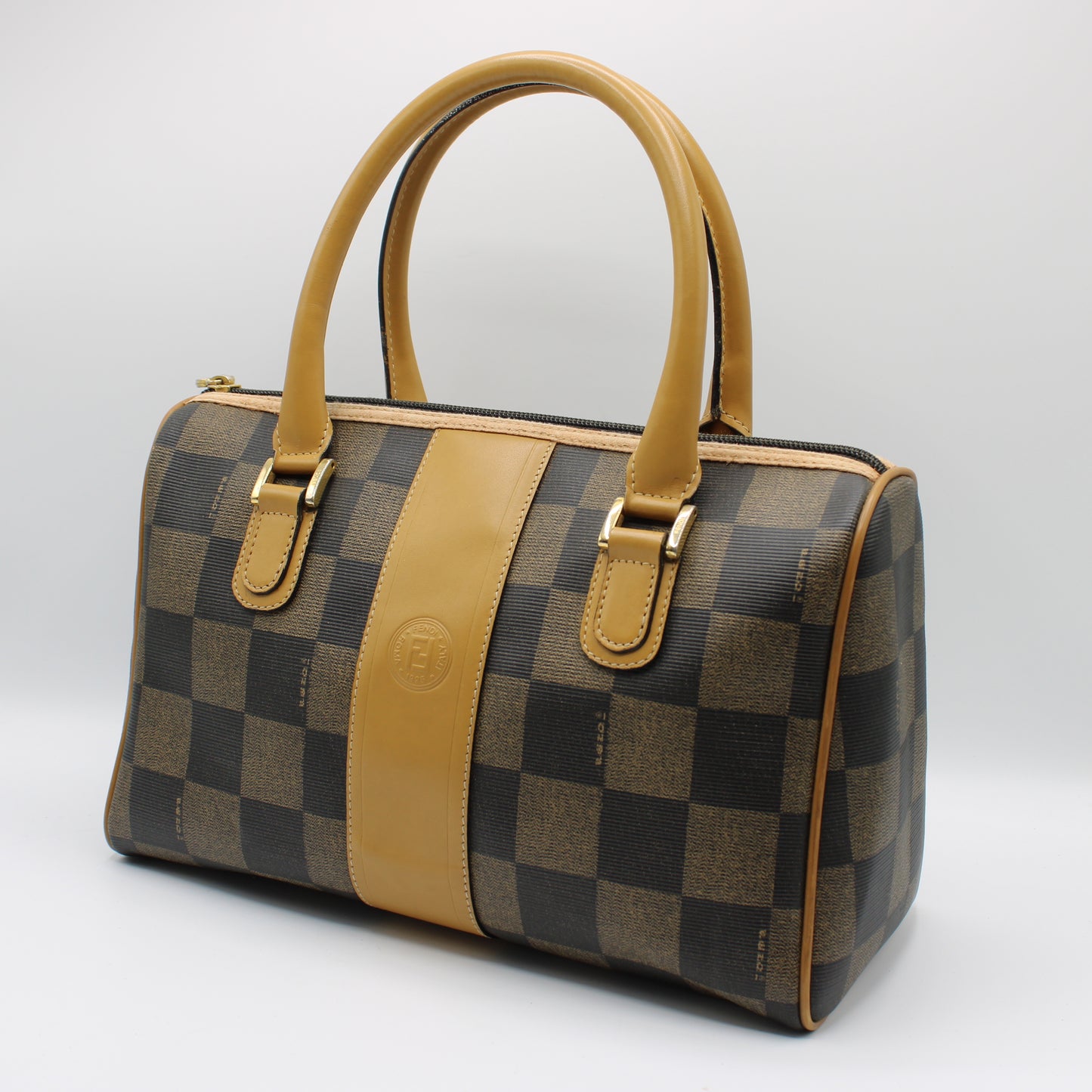 Fendi Brown Checkered Pequin Petite Boston Bag