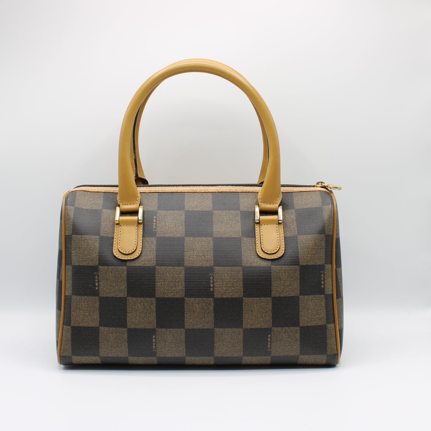 Fendi Brown Checkered Pequin Petite Boston Bag