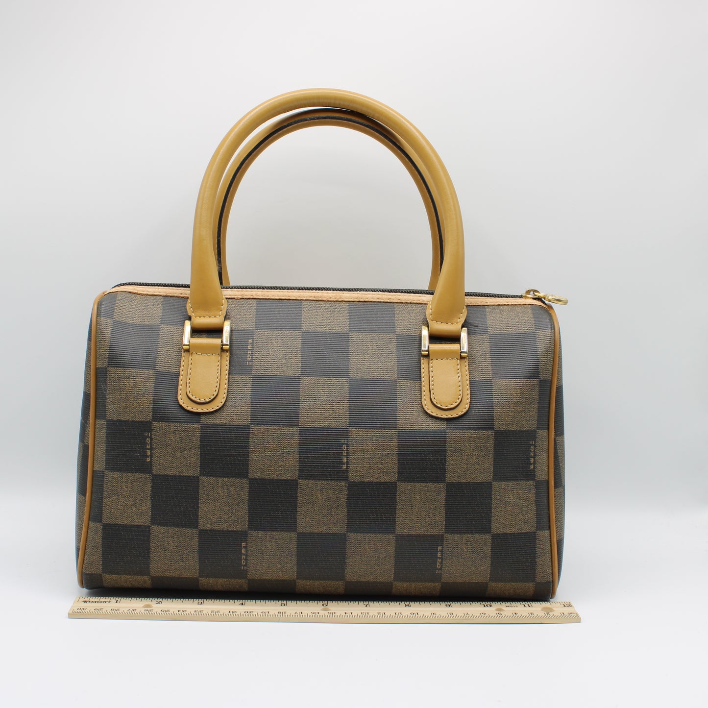 Fendi Brown Checkered Pequin Petite Boston Bag