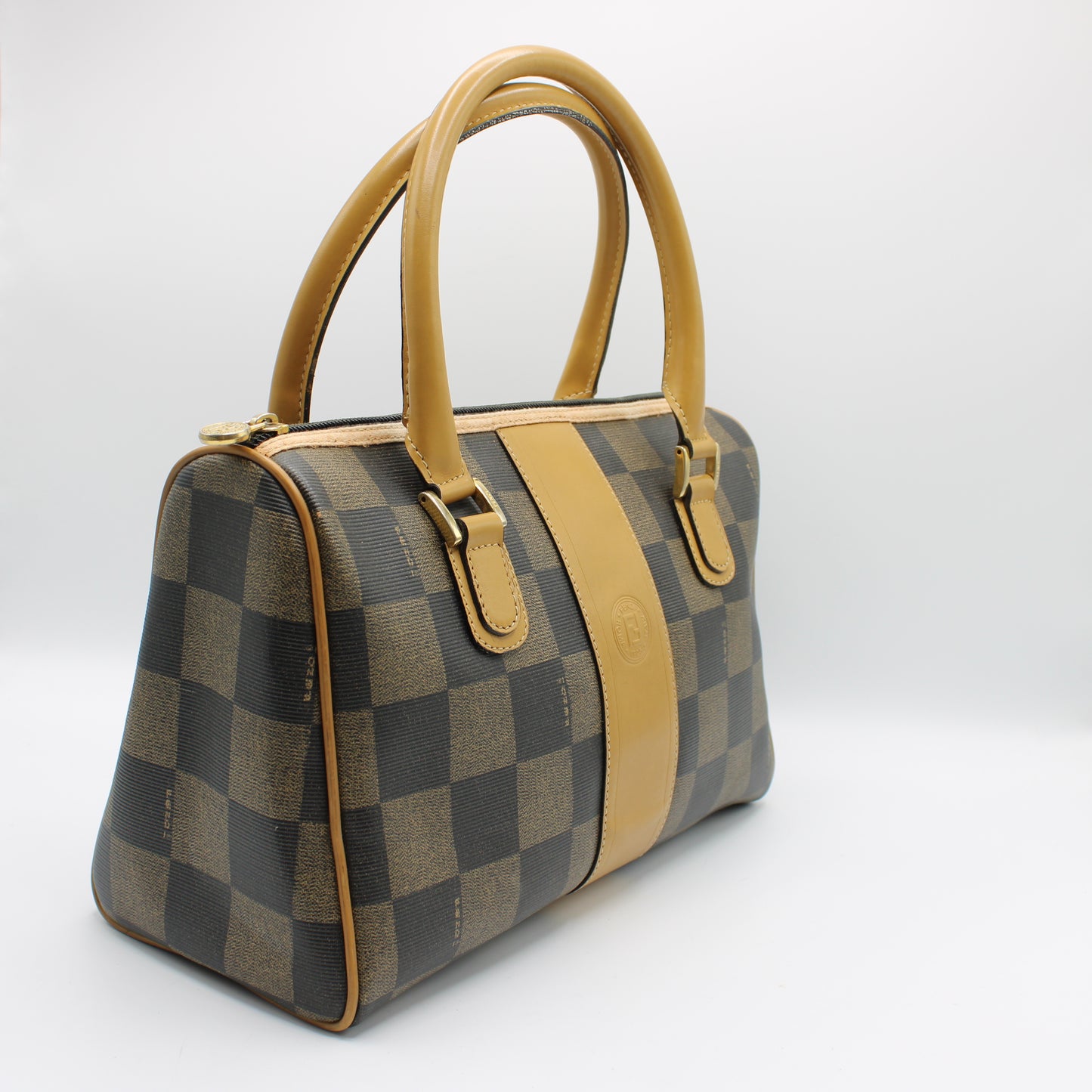 Fendi Brown Checkered Pequin Petite Boston Bag