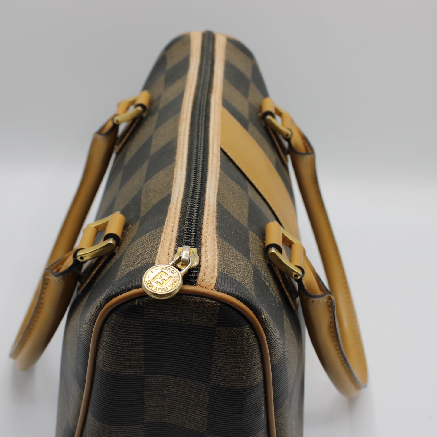 Fendi Brown Checkered Pequin Petite Boston Bag