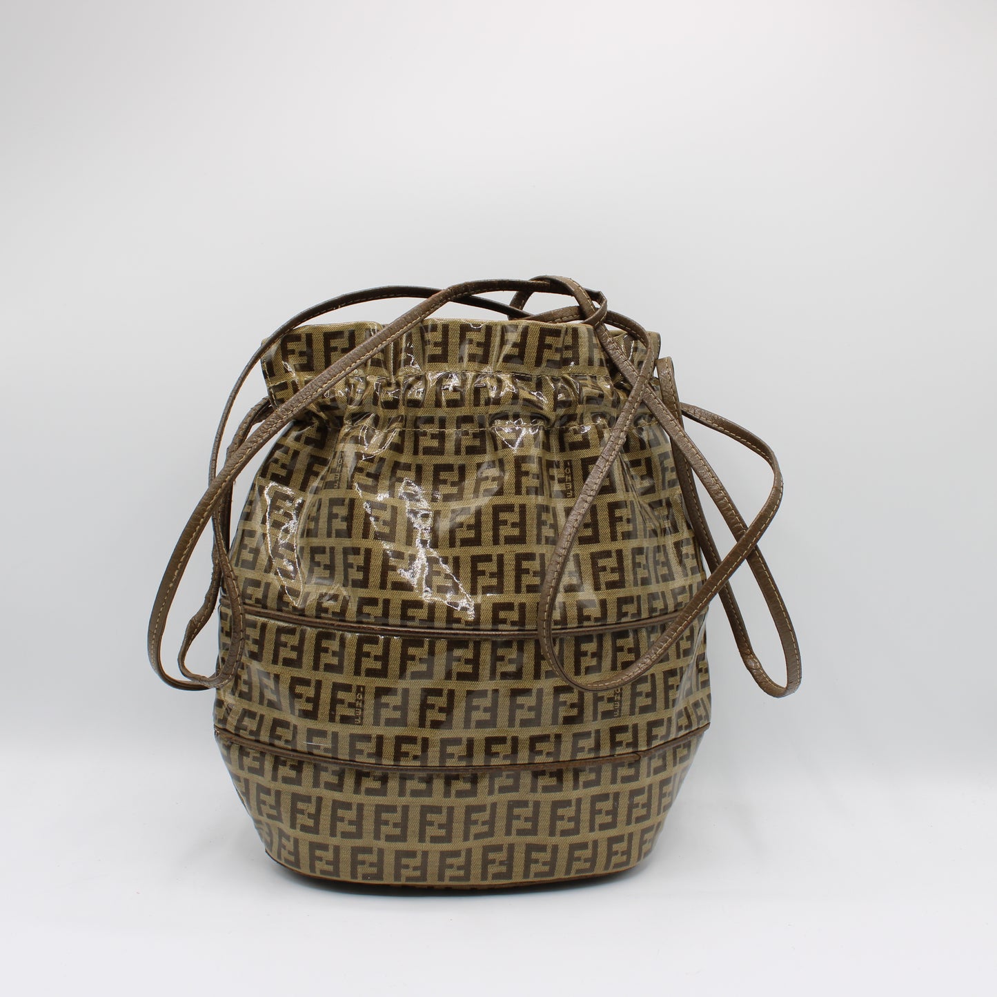 Fendi Brown Zucchino Monogram Leather Drawstring Bucket Bag