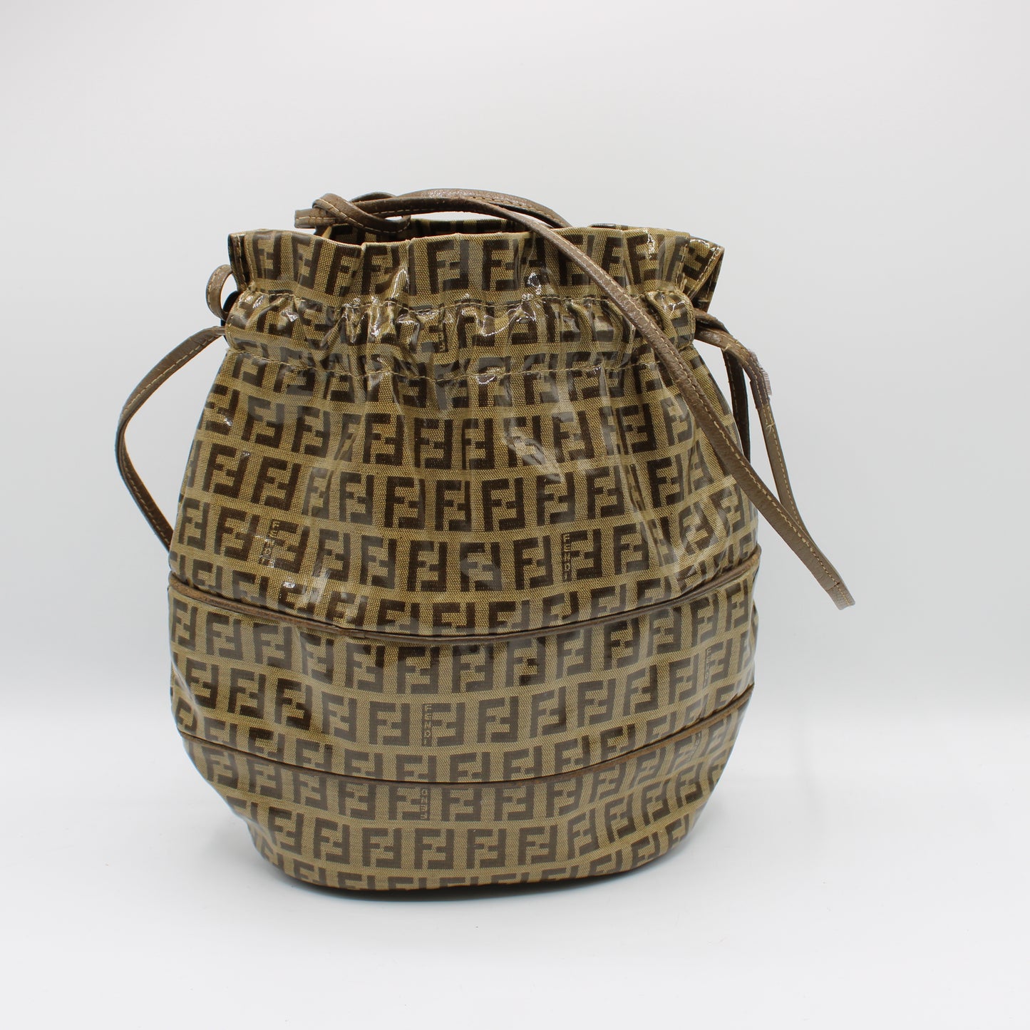 Fendi Brown Zucchino Monogram Leather Drawstring Bucket Bag