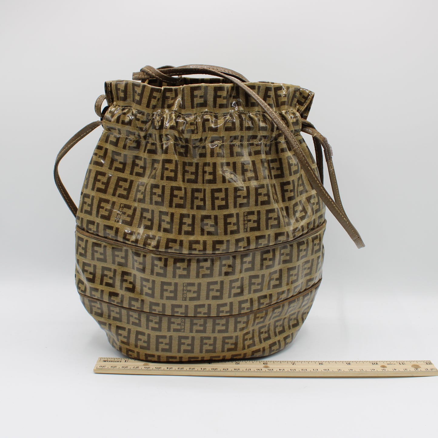 Fendi Brown Zucchino Monogram Leather Drawstring Bucket Bag