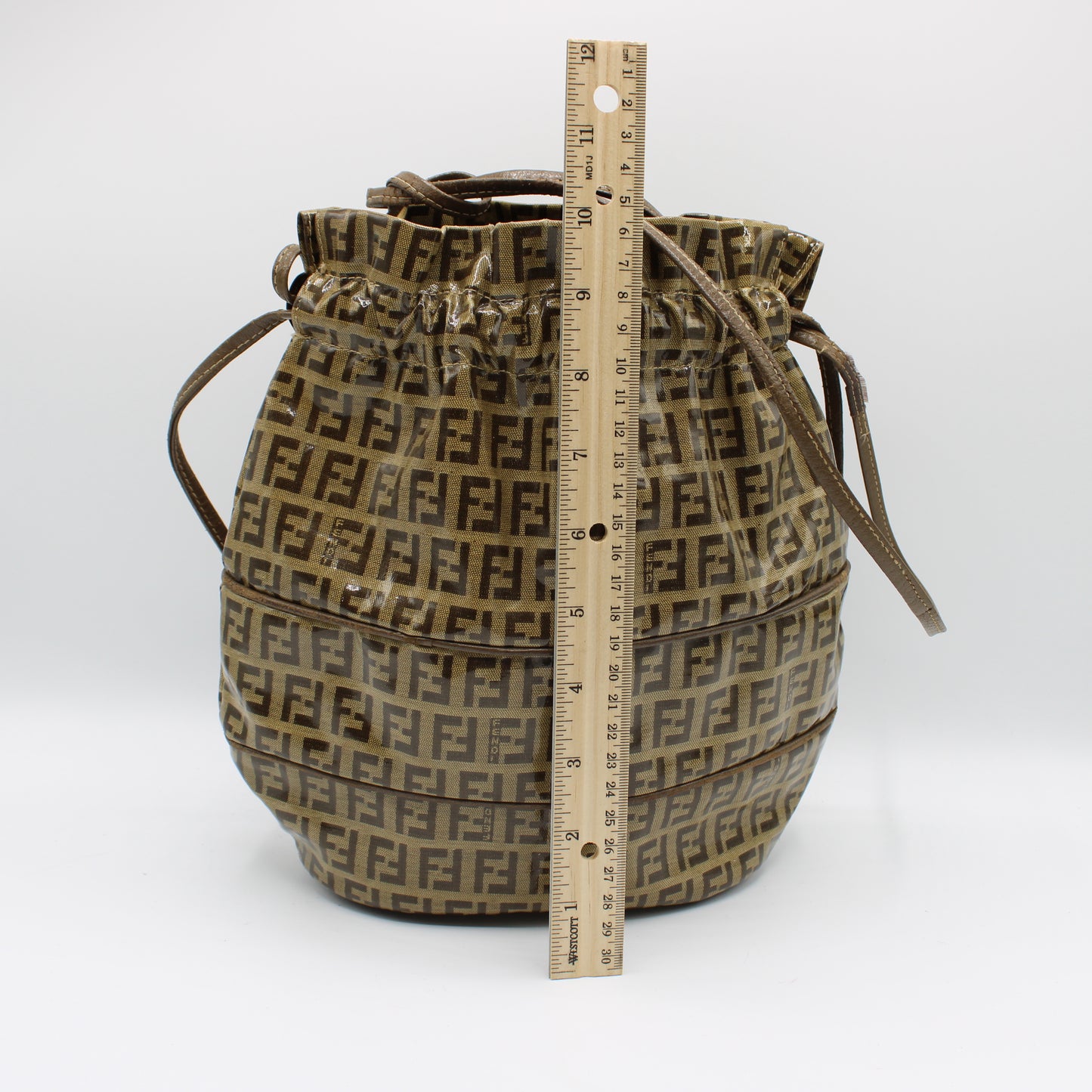 Fendi Brown Zucchino Monogram Leather Drawstring Bucket Bag