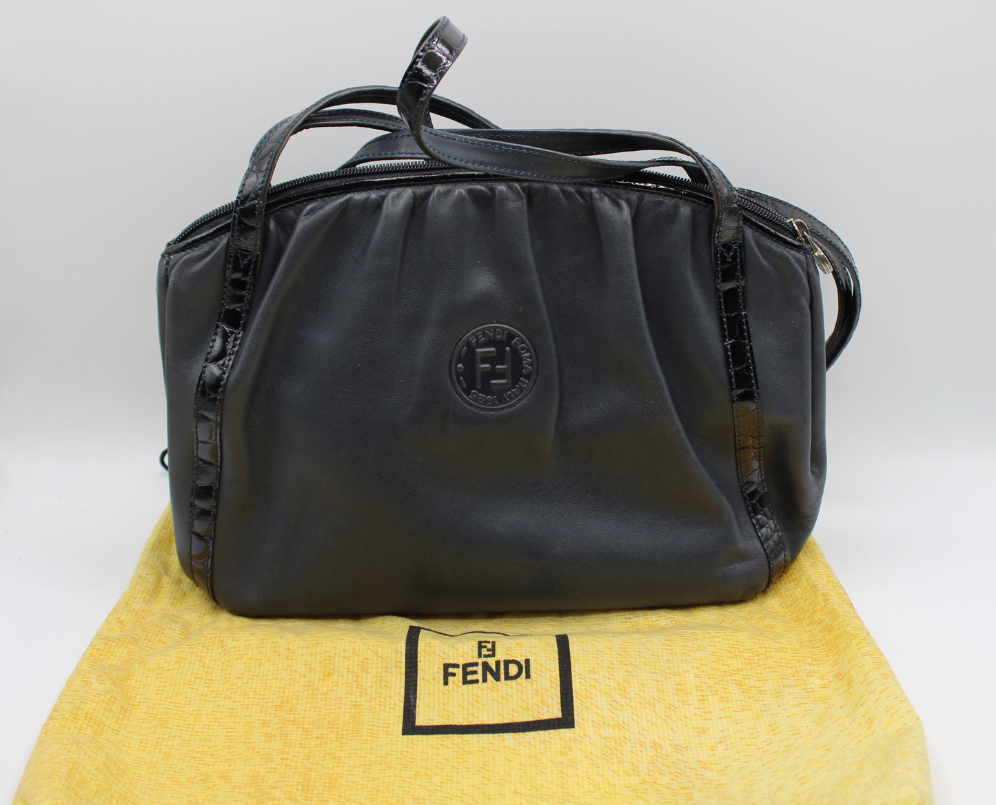 Fendi Dark Blue Leather Crossbody Bag with Croc Print