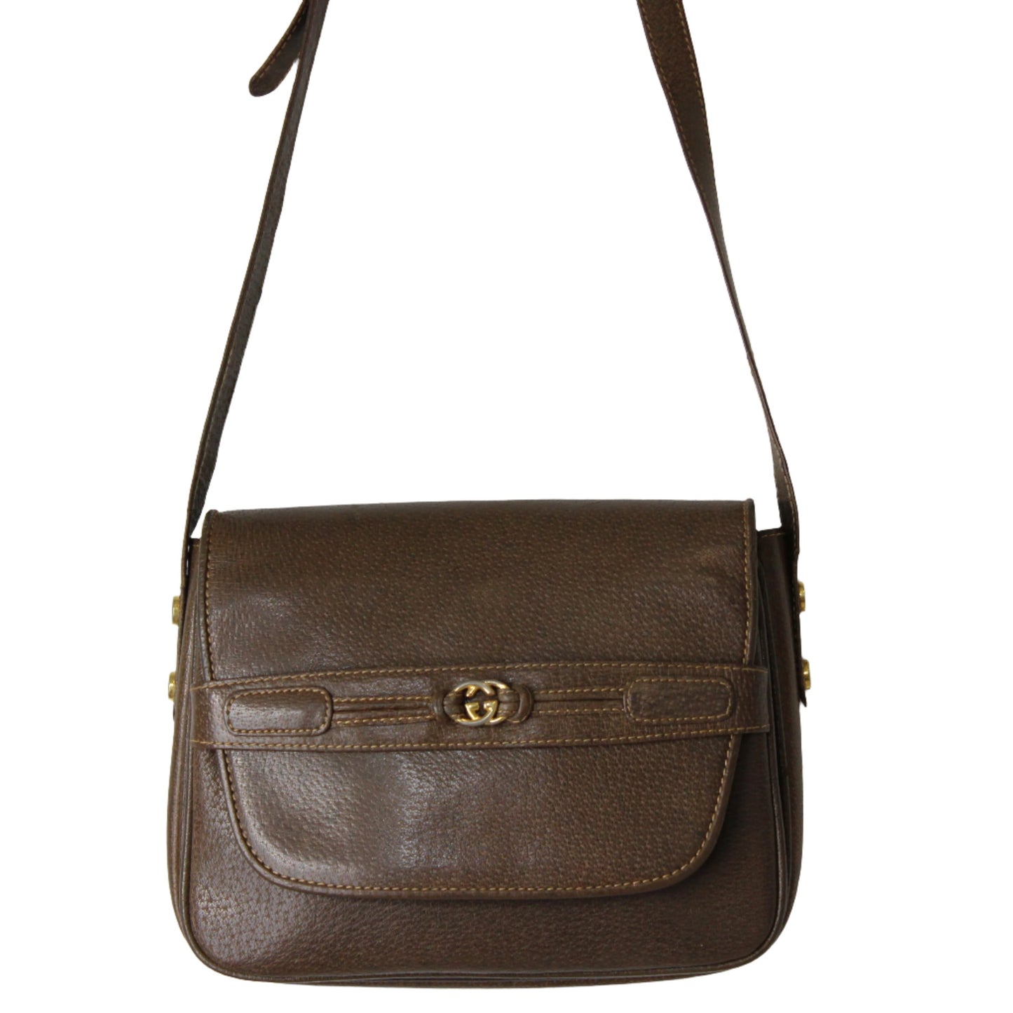 Gucci Brown Leather Shoulder Bag with Metal Logo on Flap close up 