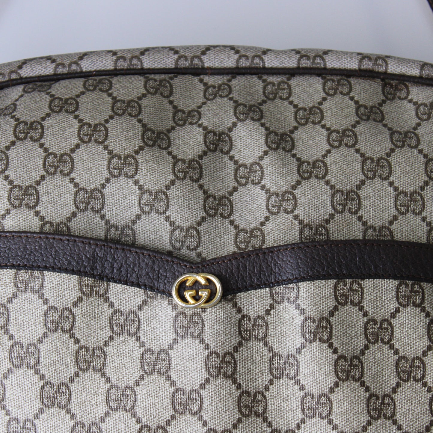 Gucci GG Canvas Brown Leather Trim Travel Duffel Bag