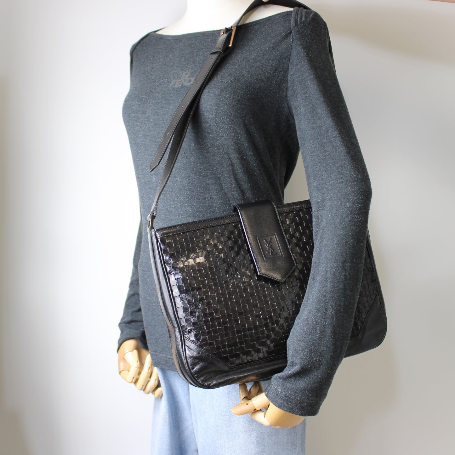 Yves Saint Laurent Black Woven Leather Crossbody Bag